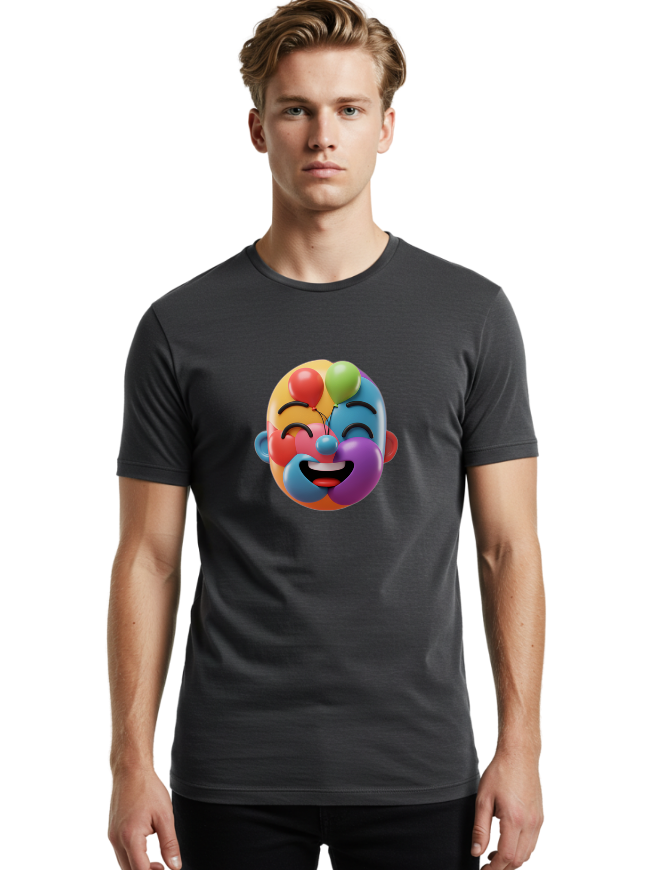 Clown-Emoji Men'S Graphic Tee, 100% Cotton, Comfortable Casual Summer Wear, Machine Washable, 3D Clown Face, Colorful Illustration, Clown Character, Balloons, Happy Expression, Vibrant Colors, Cartoon-Style, Playful Design, Joyful Atmosphere, Bae411