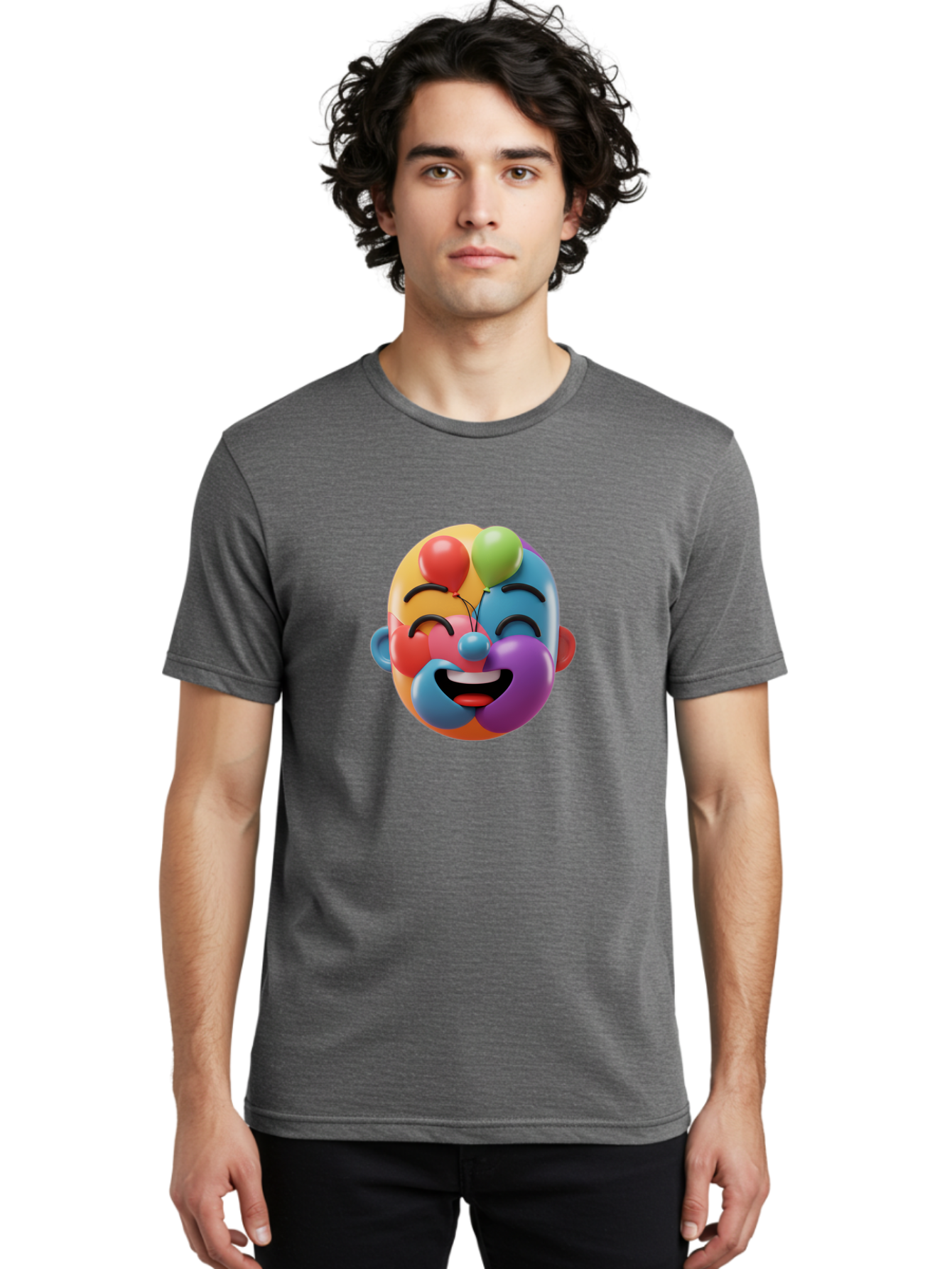 Clown-Emoji Men'S Graphic Tee, 100% Cotton, Comfortable Casual Summer Wear, Machine Washable, 3D Clown Face, Colorful Illustration, Clown Character, Balloons, Happy Expression, Vibrant Colors, Cartoon-Style, Playful Design, Joyful Atmosphere, Bae411