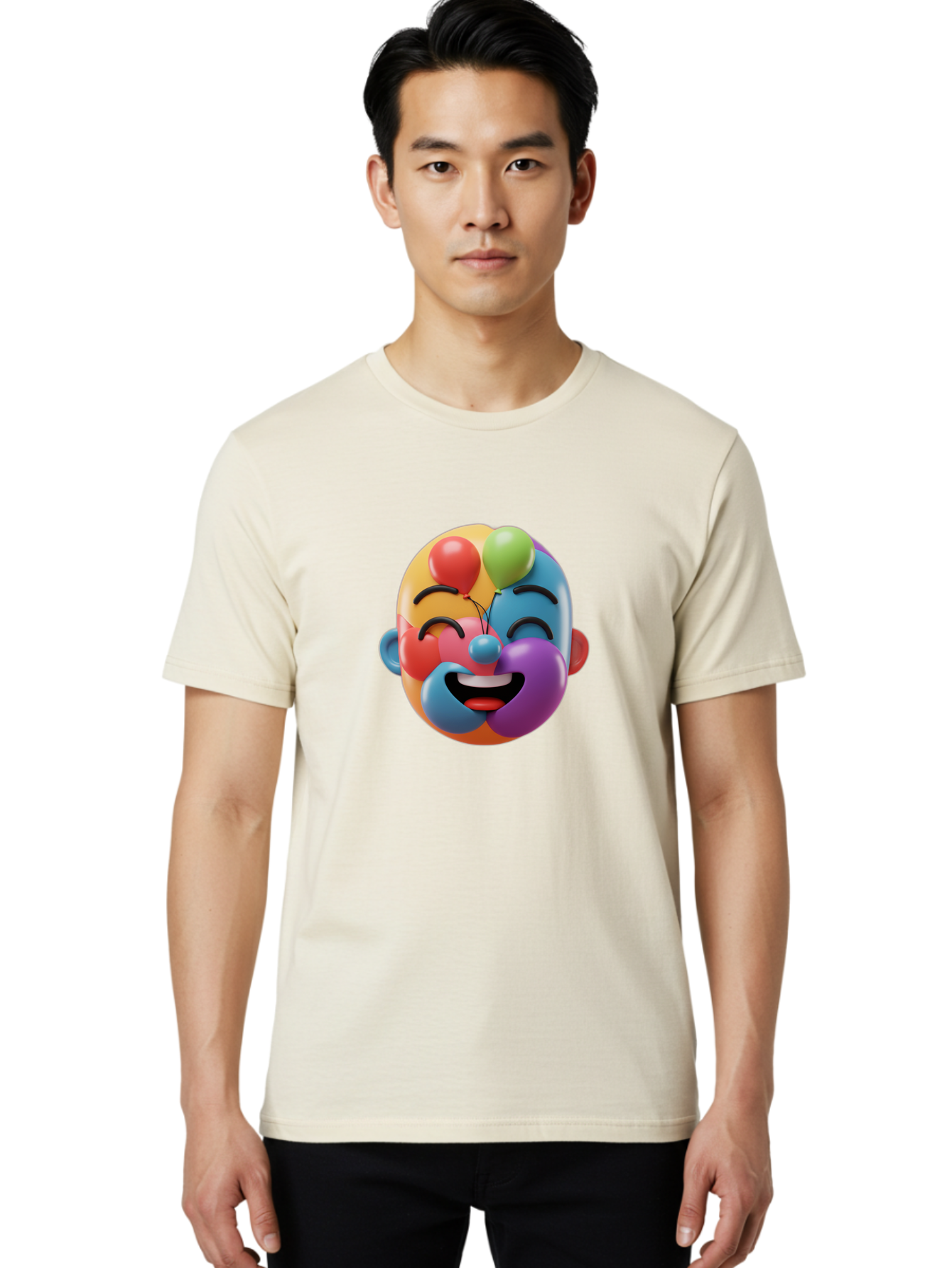 Clown-Emoji Men'S Graphic Tee, 100% Cotton, Comfortable Casual Summer Wear, Machine Washable, 3D Clown Face, Colorful Illustration, Clown Character, Balloons, Happy Expression, Vibrant Colors, Cartoon-Style, Playful Design, Joyful Atmosphere, Bae411