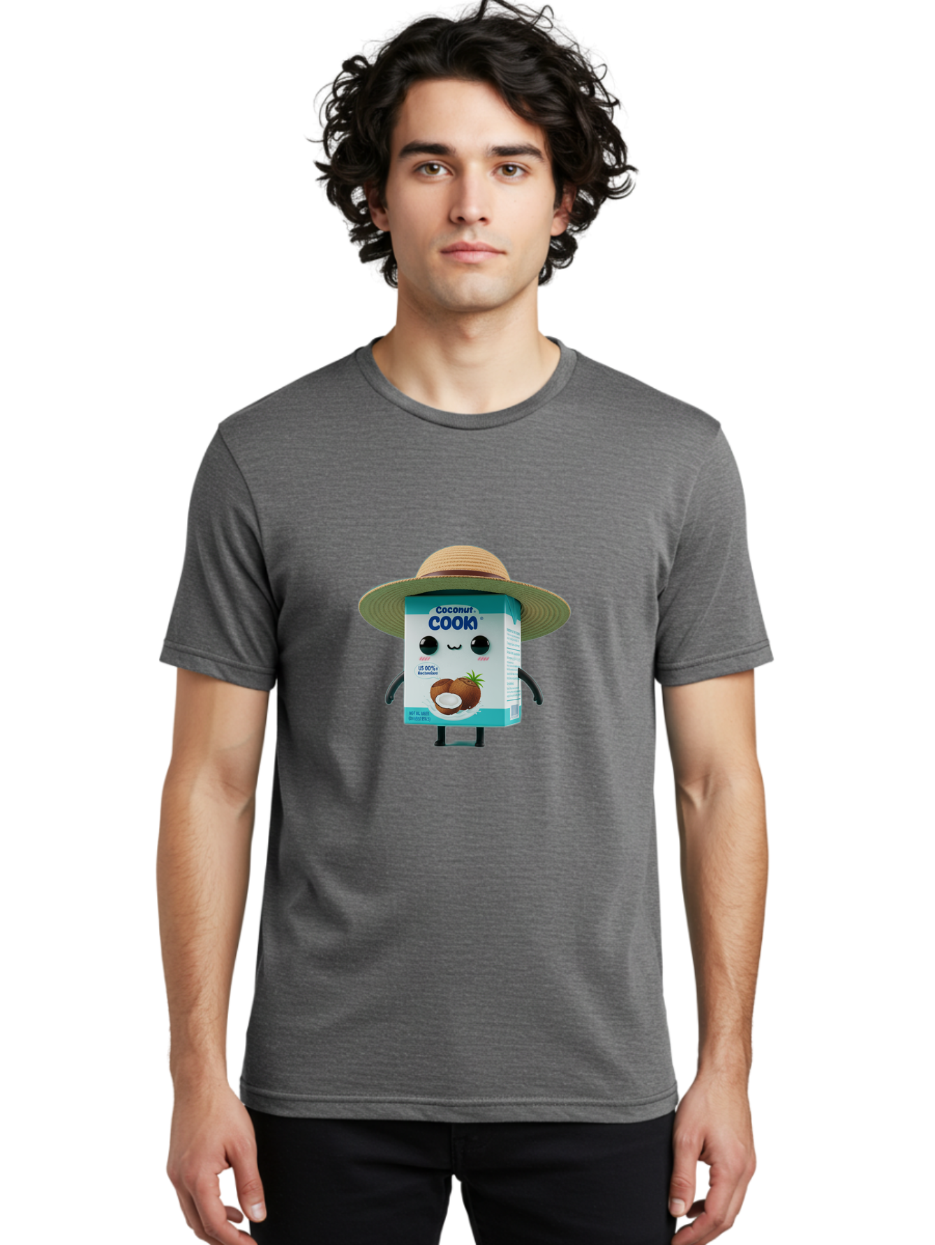 Coconut-Cook Men'S Graphic Tee, 100% Cotton, Comfortable Casual Summer Wear, Machine Washable, Carton Character, Coconut Cook, Cartoon Packaging, Animated Carton, Coconut Milk, Straw Hat, Kawaii, Funny Character, Humorous, Cute, Cartoon Style Bae412