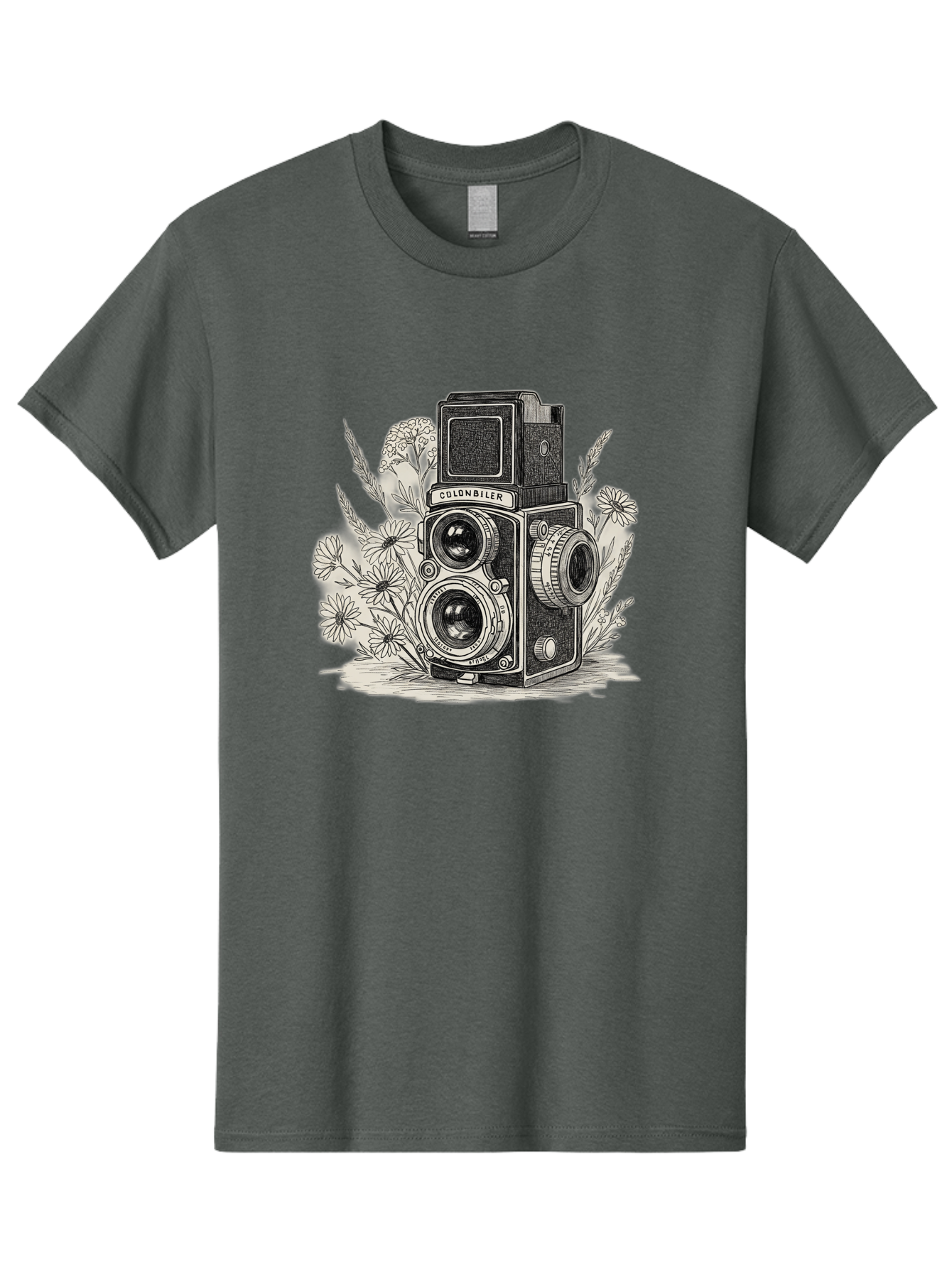 Colonbiler-Camera Men'S Graphic Tee, 100% Cotton, Comfortable Casual Summer Wear, Machine Washable, Vintage Camera, Retro Photography, Flowers, Daisies, Illustration, Black And White, Colonbiler, Photography Equipment Bae413