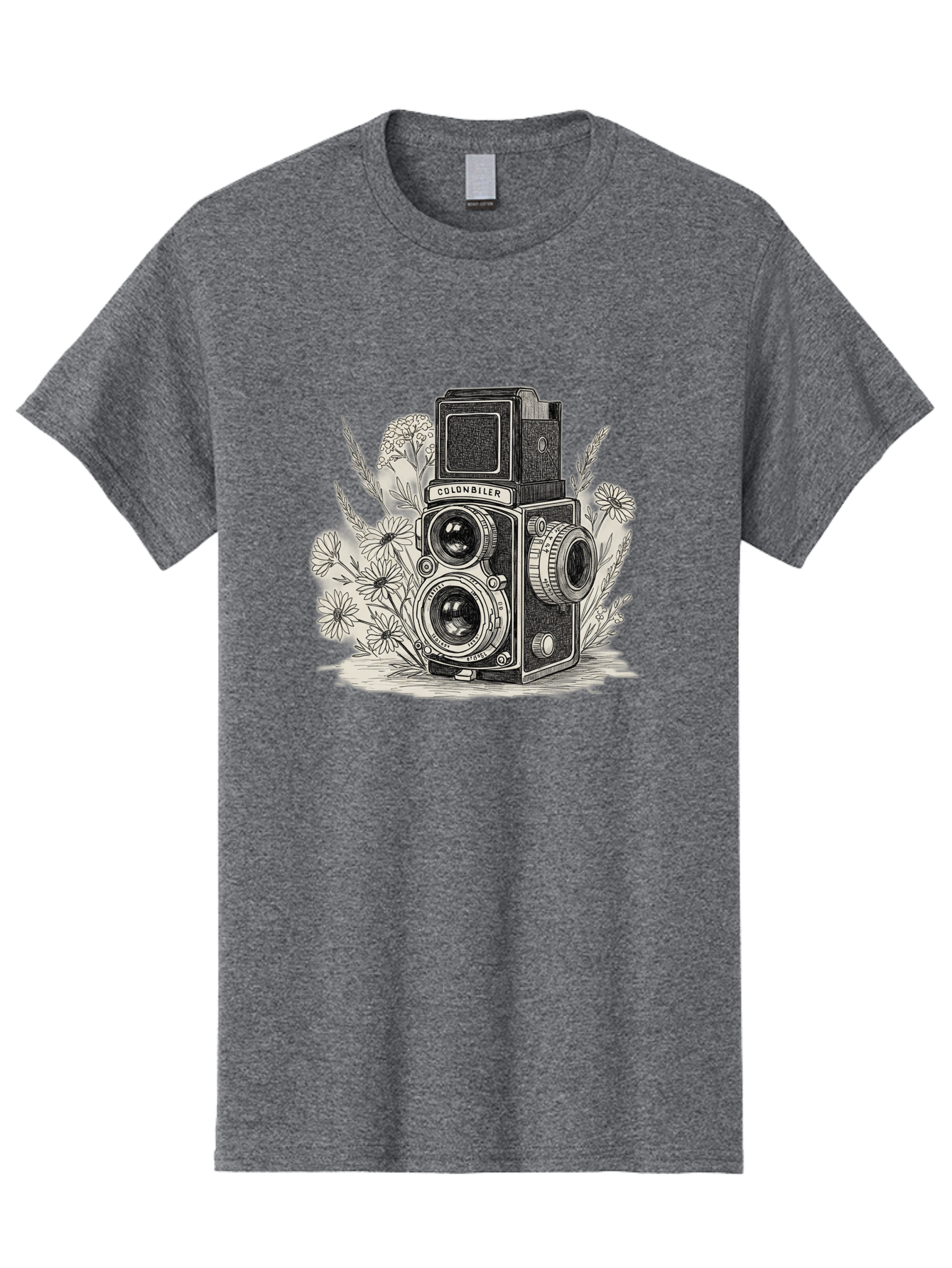 Colonbiler-Camera Men'S Graphic Tee, 100% Cotton, Comfortable Casual Summer Wear, Machine Washable, Vintage Camera, Retro Photography, Flowers, Daisies, Illustration, Black And White, Colonbiler, Photography Equipment Bae413