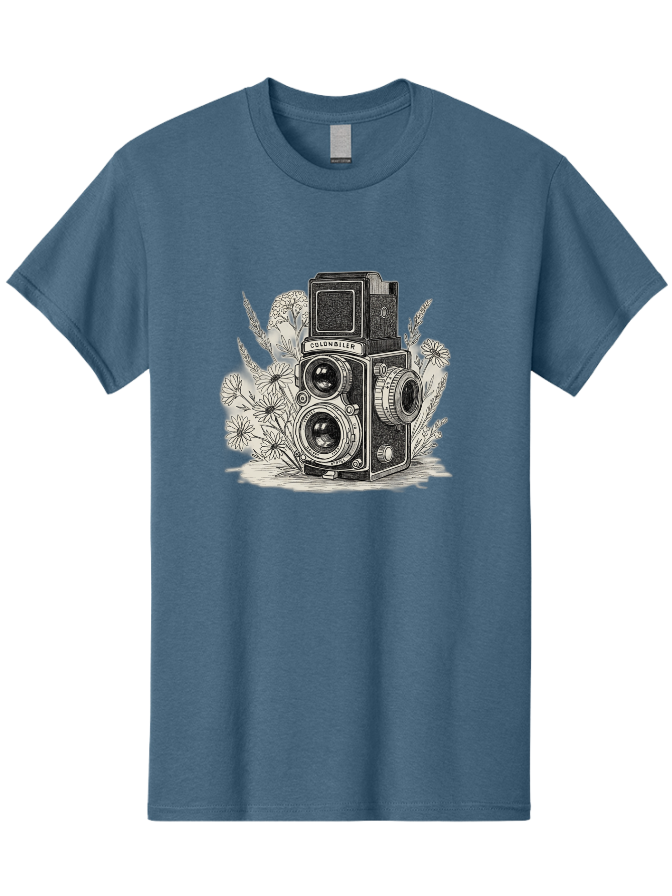 Colonbiler-Camera Men'S Graphic Tee, 100% Cotton, Comfortable Casual Summer Wear, Machine Washable, Vintage Camera, Retro Photography, Flowers, Daisies, Illustration, Black And White, Colonbiler, Photography Equipment Bae413