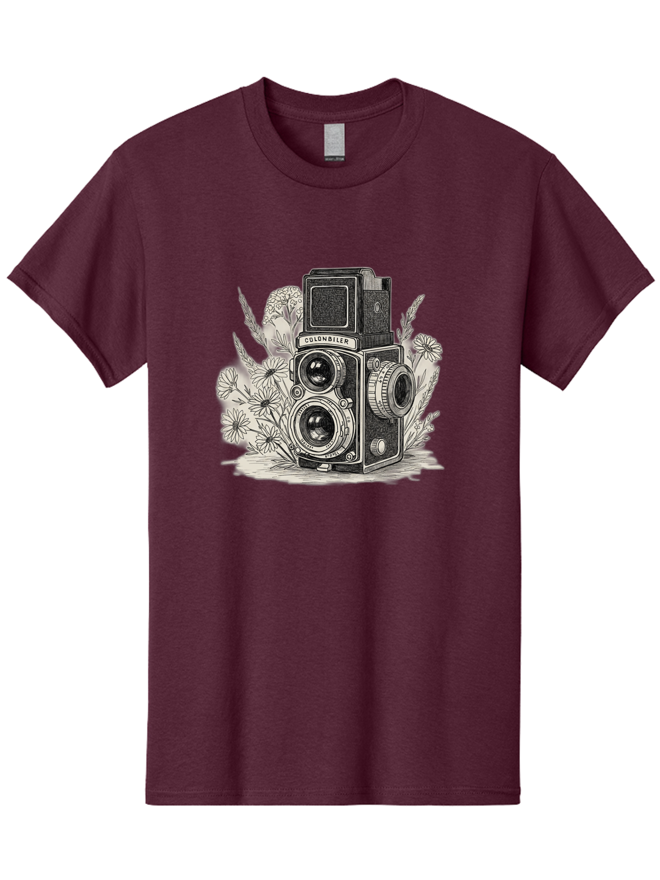 Colonbiler-Camera Men'S Graphic Tee, 100% Cotton, Comfortable Casual Summer Wear, Machine Washable, Vintage Camera, Retro Photography, Flowers, Daisies, Illustration, Black And White, Colonbiler, Photography Equipment Bae413