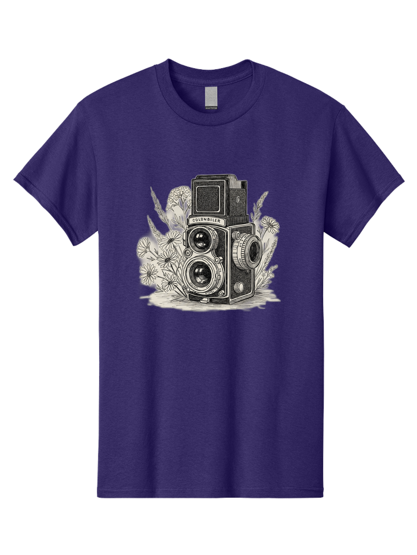 Colonbiler-Camera Men'S Graphic Tee, 100% Cotton, Comfortable Casual Summer Wear, Machine Washable, Vintage Camera, Retro Photography, Flowers, Daisies, Illustration, Black And White, Colonbiler, Photography Equipment Bae413