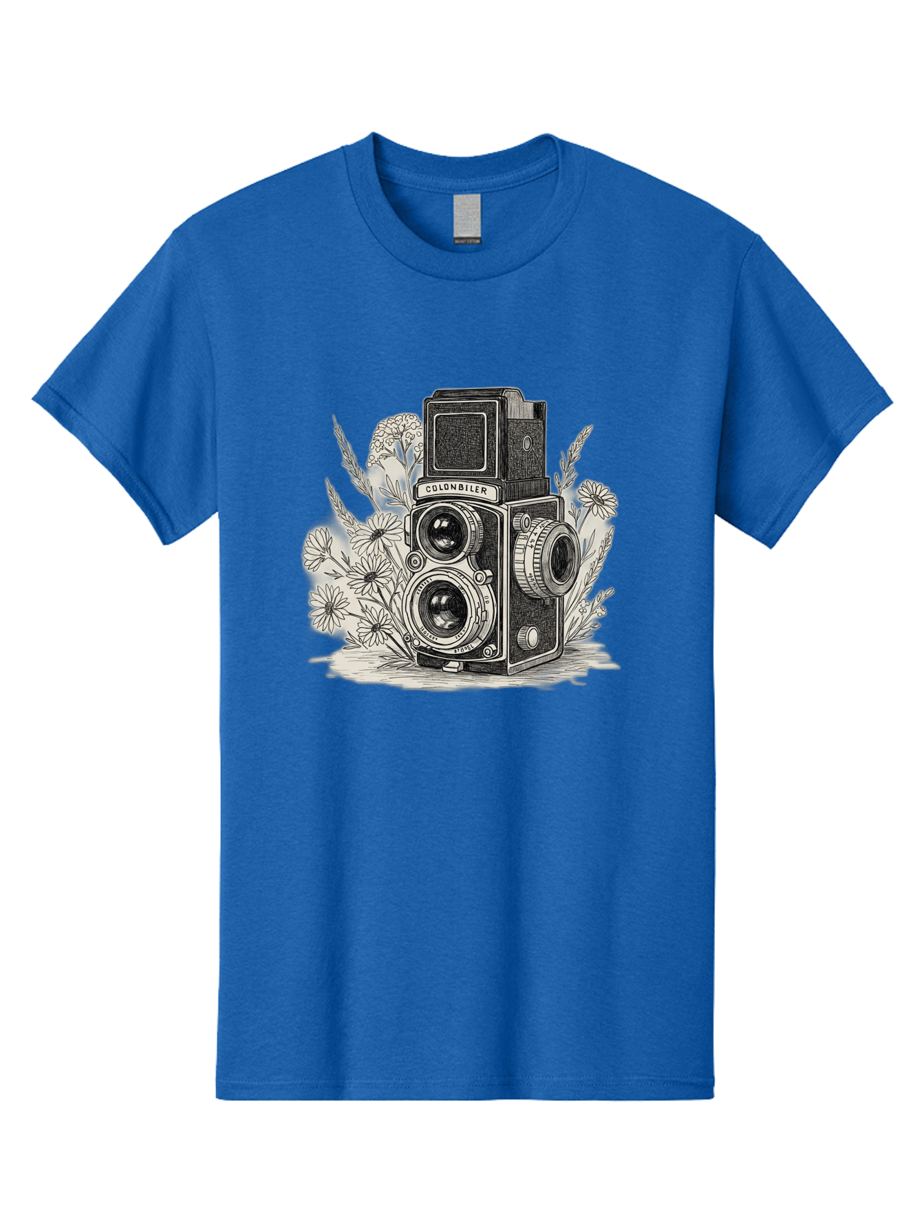 Colonbiler-Camera Men'S Graphic Tee, 100% Cotton, Comfortable Casual Summer Wear, Machine Washable, Vintage Camera, Retro Photography, Flowers, Daisies, Illustration, Black And White, Colonbiler, Photography Equipment Bae413