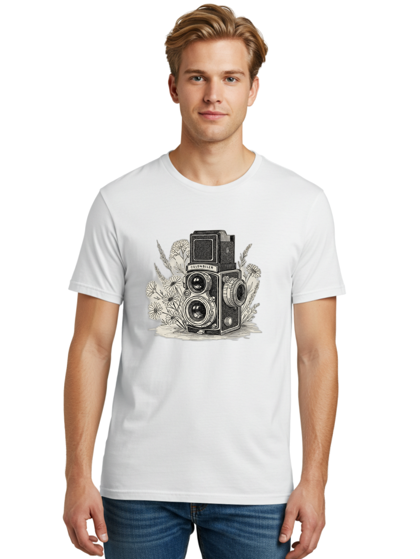 Colonbiler-Camera Men'S Graphic Tee, 100% Cotton, Comfortable Casual Summer Wear, Machine Washable, Vintage Camera, Retro Photography, Flowers, Daisies, Illustration, Black And White, Colonbiler, Photography Equipment Bae413