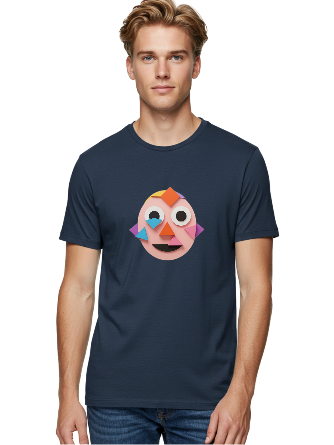 Colourful-Face Men'S Graphic Tee, 100% Cotton, Comfortable Casual Summer Wear, Machine Washable, Paper Craft Face, Colorful Geometric Shapes, Creative Art, Playful Design, Smiling Face, Happy Expression, Art Project, Diy Craft, Kids Activity Bae414
