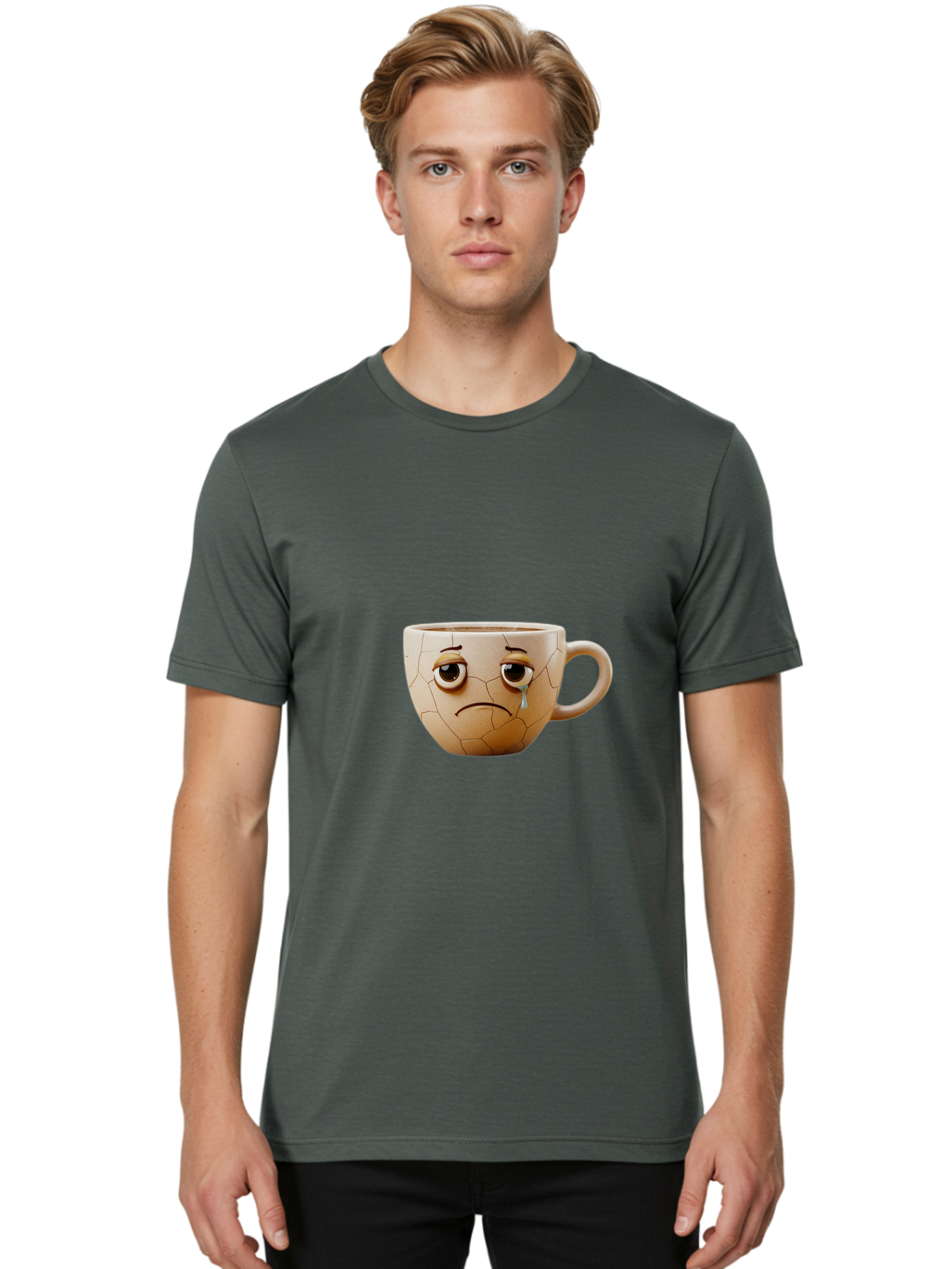 Cracked-Coffee-Mug Men'S Graphic Tee, 100% Cotton, Comfortable Casual Summer Wear, Machine Washable, Cracked Coffee Mug, Sad Face, Teary Eyes, Broken Coffee, Emotional Coffee Mug, Cracked, Upset, Frowning Face, Cracked Ceramic Bae415