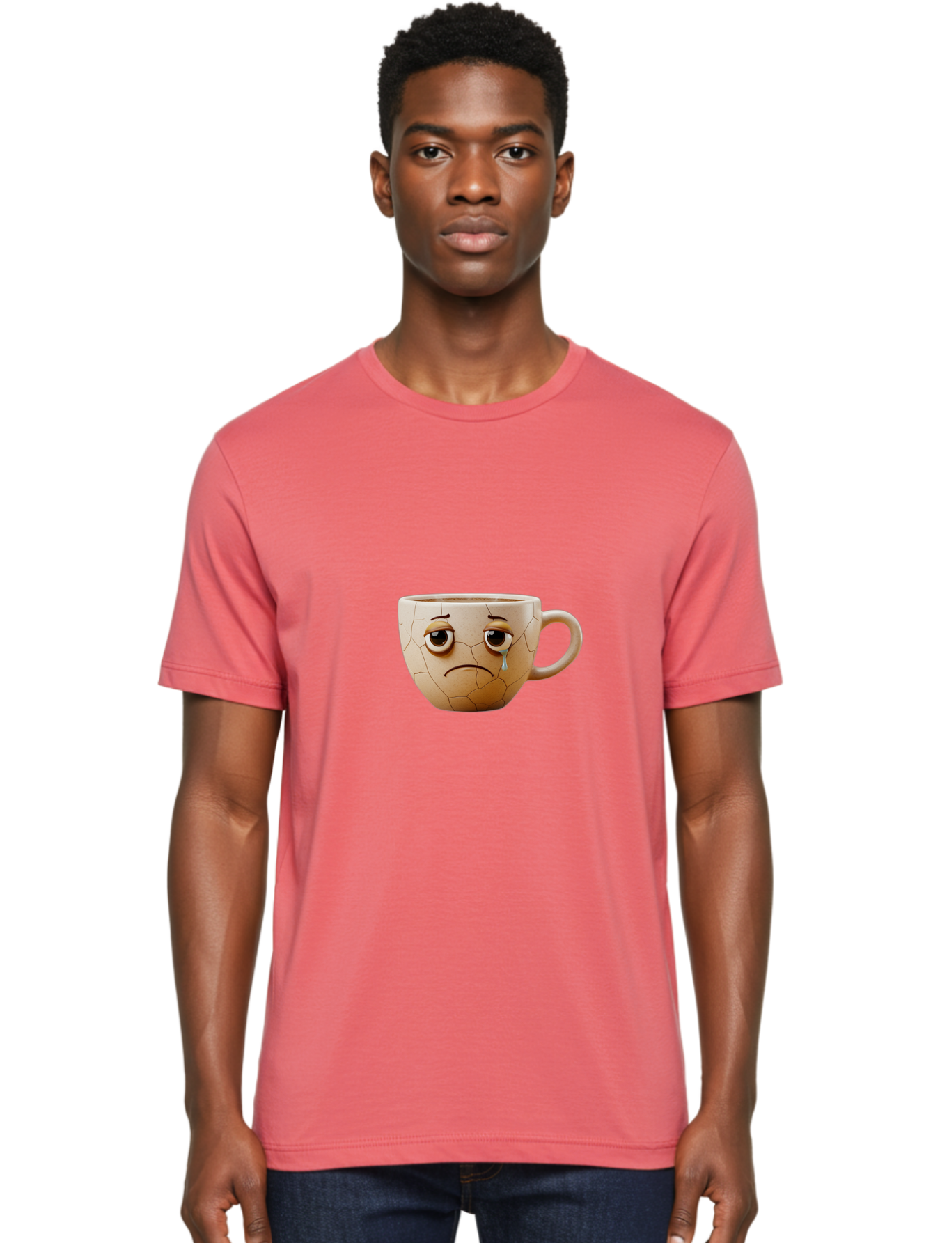 Cracked-Coffee-Mug Men'S Graphic Tee, 100% Cotton, Comfortable Casual Summer Wear, Machine Washable, Cracked Coffee Mug, Sad Face, Teary Eyes, Broken Coffee, Emotional Coffee Mug, Cracked, Upset, Frowning Face, Cracked Ceramic Bae415