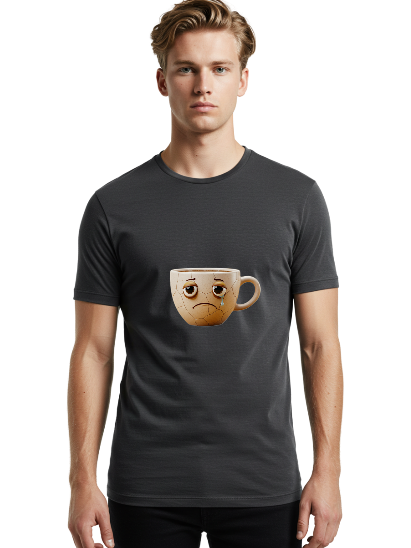 Cracked-Coffee-Mug Men'S Graphic Tee, 100% Cotton, Comfortable Casual Summer Wear, Machine Washable, Cracked Coffee Mug, Sad Face, Teary Eyes, Broken Coffee, Emotional Coffee Mug, Cracked, Upset, Frowning Face, Cracked Ceramic Bae415