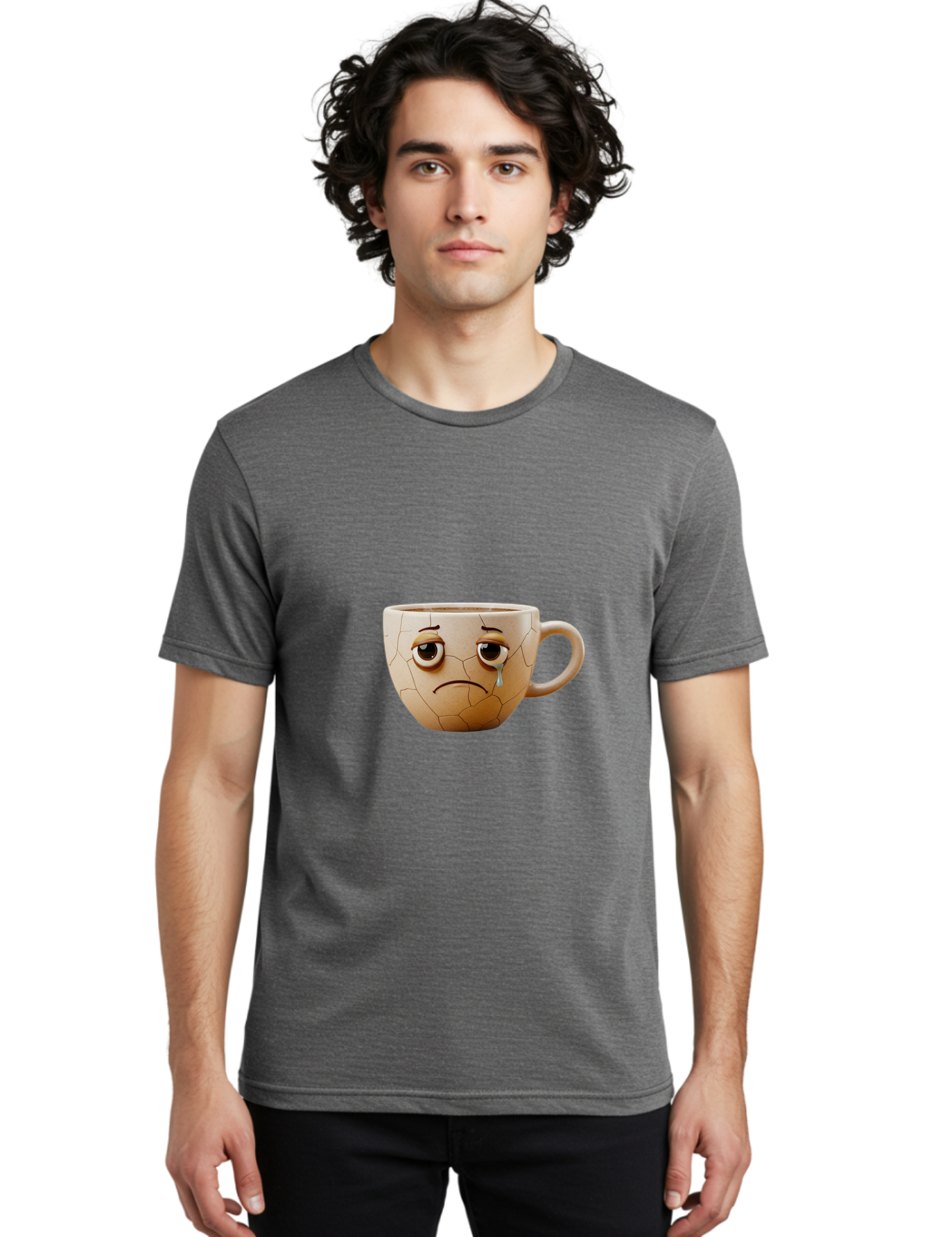 Cracked-Coffee-Mug Men'S Graphic Tee, 100% Cotton, Comfortable Casual Summer Wear, Machine Washable, Cracked Coffee Mug, Sad Face, Teary Eyes, Broken Coffee, Emotional Coffee Mug, Cracked, Upset, Frowning Face, Cracked Ceramic Bae415