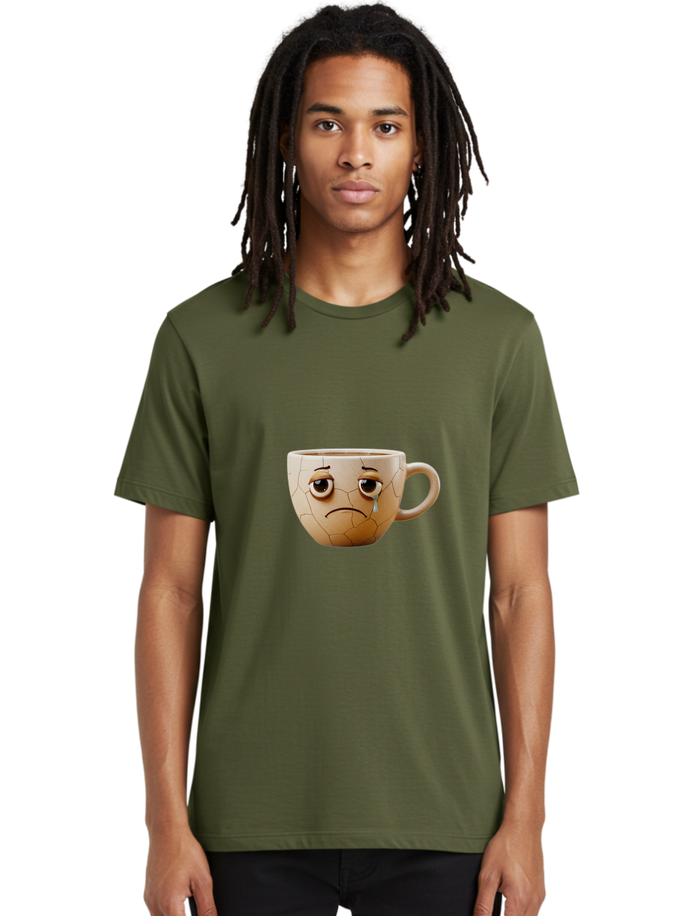 Cracked-Coffee-Mug Men'S Graphic Tee, 100% Cotton, Comfortable Casual Summer Wear, Machine Washable, Cracked Coffee Mug, Sad Face, Teary Eyes, Broken Coffee, Emotional Coffee Mug, Cracked, Upset, Frowning Face, Cracked Ceramic Bae415