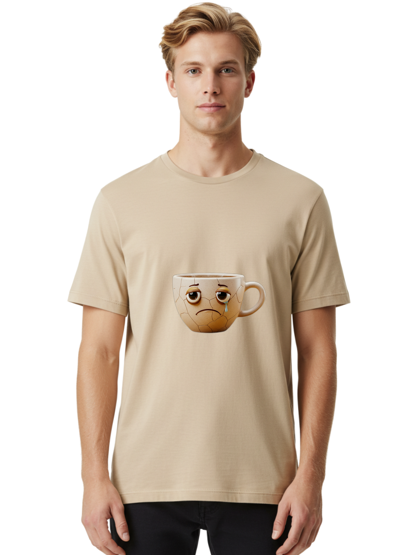 Cracked-Coffee-Mug Men'S Graphic Tee, 100% Cotton, Comfortable Casual Summer Wear, Machine Washable, Cracked Coffee Mug, Sad Face, Teary Eyes, Broken Coffee, Emotional Coffee Mug, Cracked, Upset, Frowning Face, Cracked Ceramic Bae415