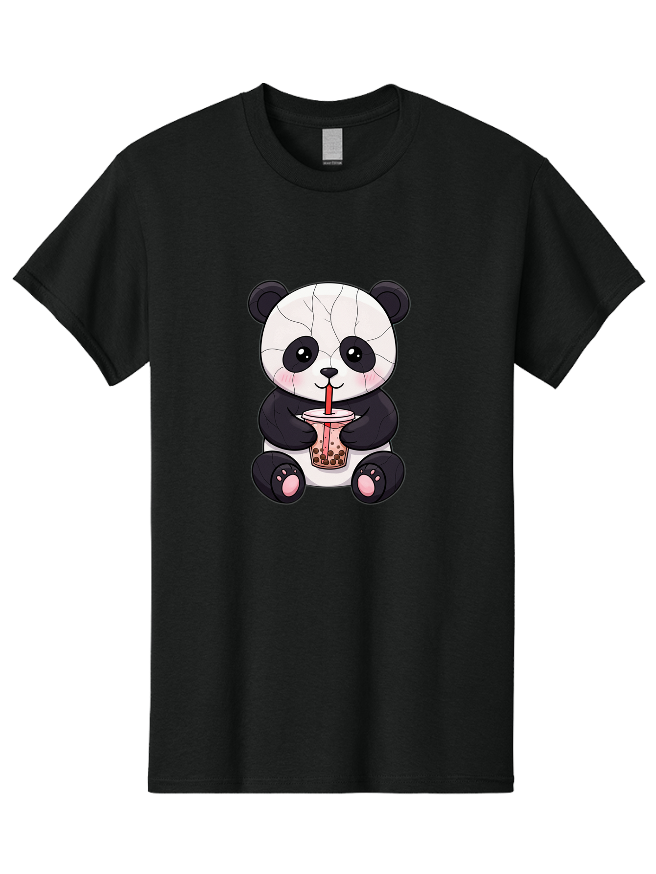 Cracked-Panda-Drinking-Bubble-Tea Men'S Graphic Tee, 100% Cotton, Comfortable Casual Summer Wear, Machine Washable, Kawaii Panda, Bubble Tea, Cracked Face, Cute Cartoon, Adorable Bear, Boba Tea, Tea Cup, Cute Drink, Smiling Panda, Kawaii Art, Bae416