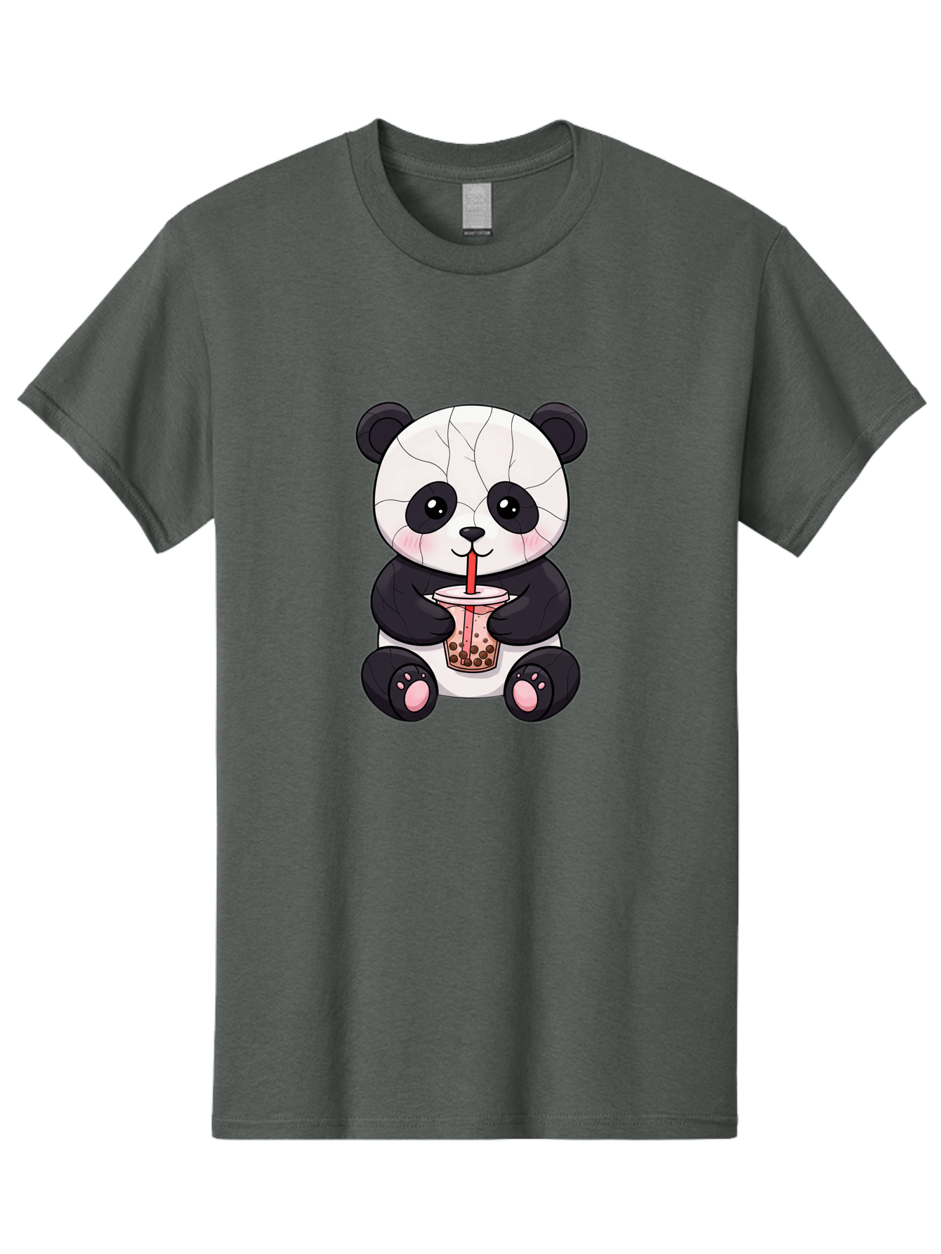 Cracked-Panda-Drinking-Bubble-Tea Men'S Graphic Tee, 100% Cotton, Comfortable Casual Summer Wear, Machine Washable, Kawaii Panda, Bubble Tea, Cracked Face, Cute Cartoon, Adorable Bear, Boba Tea, Tea Cup, Cute Drink, Smiling Panda, Kawaii Art, Bae416