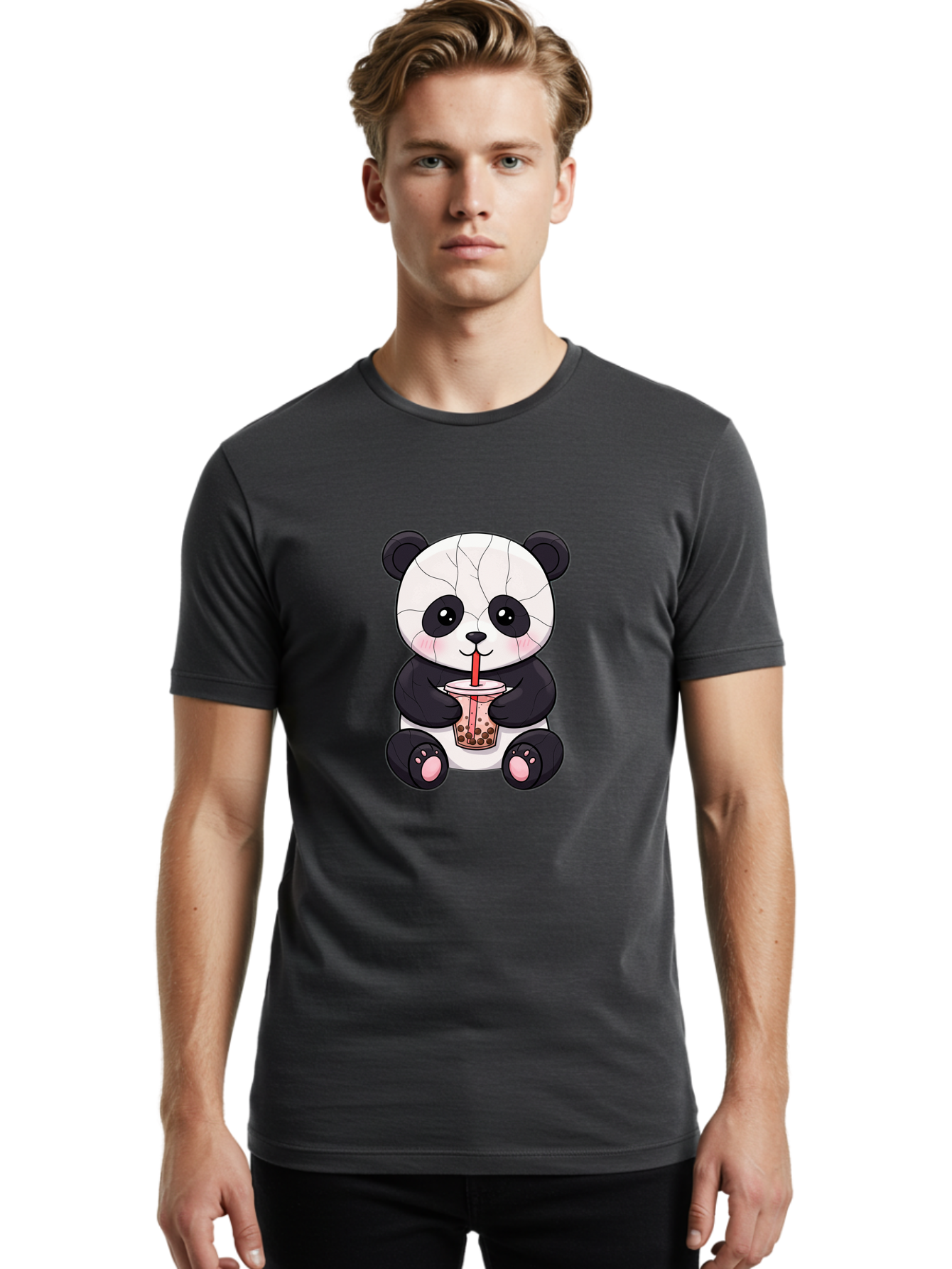 Cracked-Panda-Drinking-Bubble-Tea Men'S Graphic Tee, 100% Cotton, Comfortable Casual Summer Wear, Machine Washable, Kawaii Panda, Bubble Tea, Cracked Face, Cute Cartoon, Adorable Bear, Boba Tea, Tea Cup, Cute Drink, Smiling Panda, Kawaii Art, Bae416