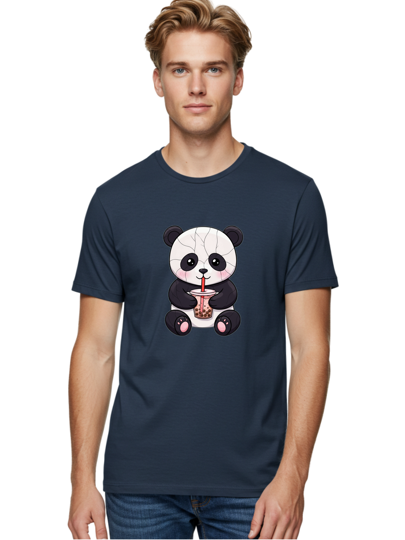 Cracked-Panda-Drinking-Bubble-Tea Men'S Graphic Tee, 100% Cotton, Comfortable Casual Summer Wear, Machine Washable, Kawaii Panda, Bubble Tea, Cracked Face, Cute Cartoon, Adorable Bear, Boba Tea, Tea Cup, Cute Drink, Smiling Panda, Kawaii Art, Bae416
