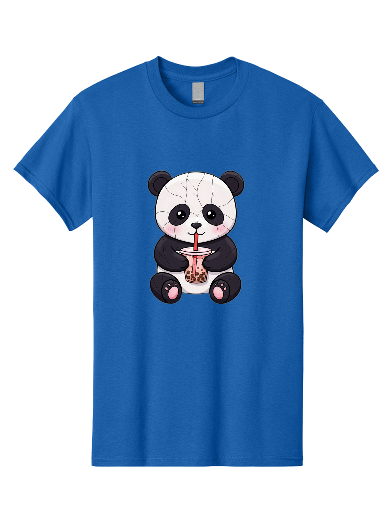 Cracked-Panda-Drinking-Bubble-Tea Men'S Graphic Tee, 100% Cotton, Comfortable Casual Summer Wear, Machine Washable, Kawaii Panda, Bubble Tea, Cracked Face, Cute Cartoon, Adorable Bear, Boba Tea, Tea Cup, Cute Drink, Smiling Panda, Kawaii Art, Bae416