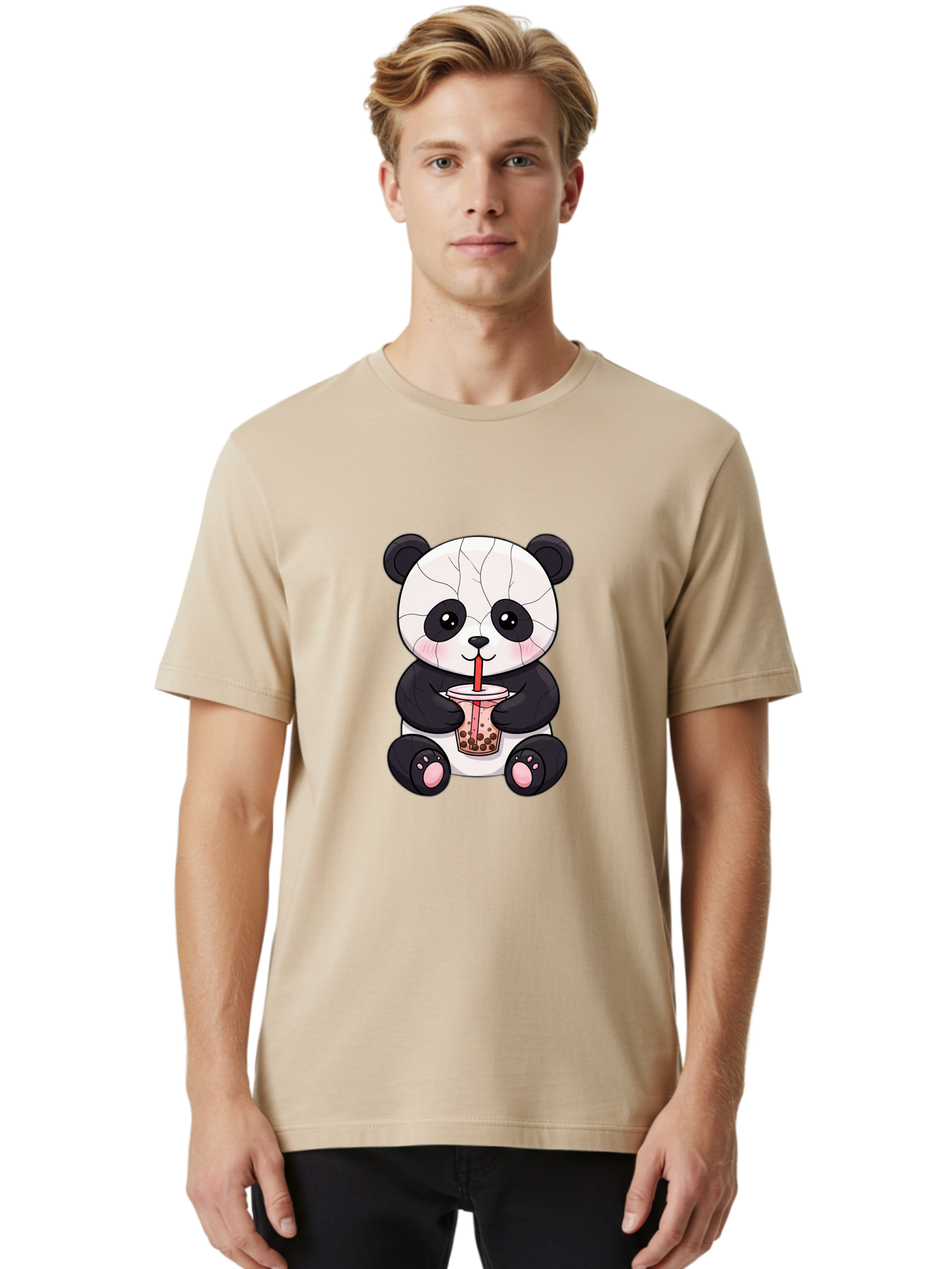 Cracked-Panda-Drinking-Bubble-Tea Men'S Graphic Tee, 100% Cotton, Comfortable Casual Summer Wear, Machine Washable, Kawaii Panda, Bubble Tea, Cracked Face, Cute Cartoon, Adorable Bear, Boba Tea, Tea Cup, Cute Drink, Smiling Panda, Kawaii Art, Bae416