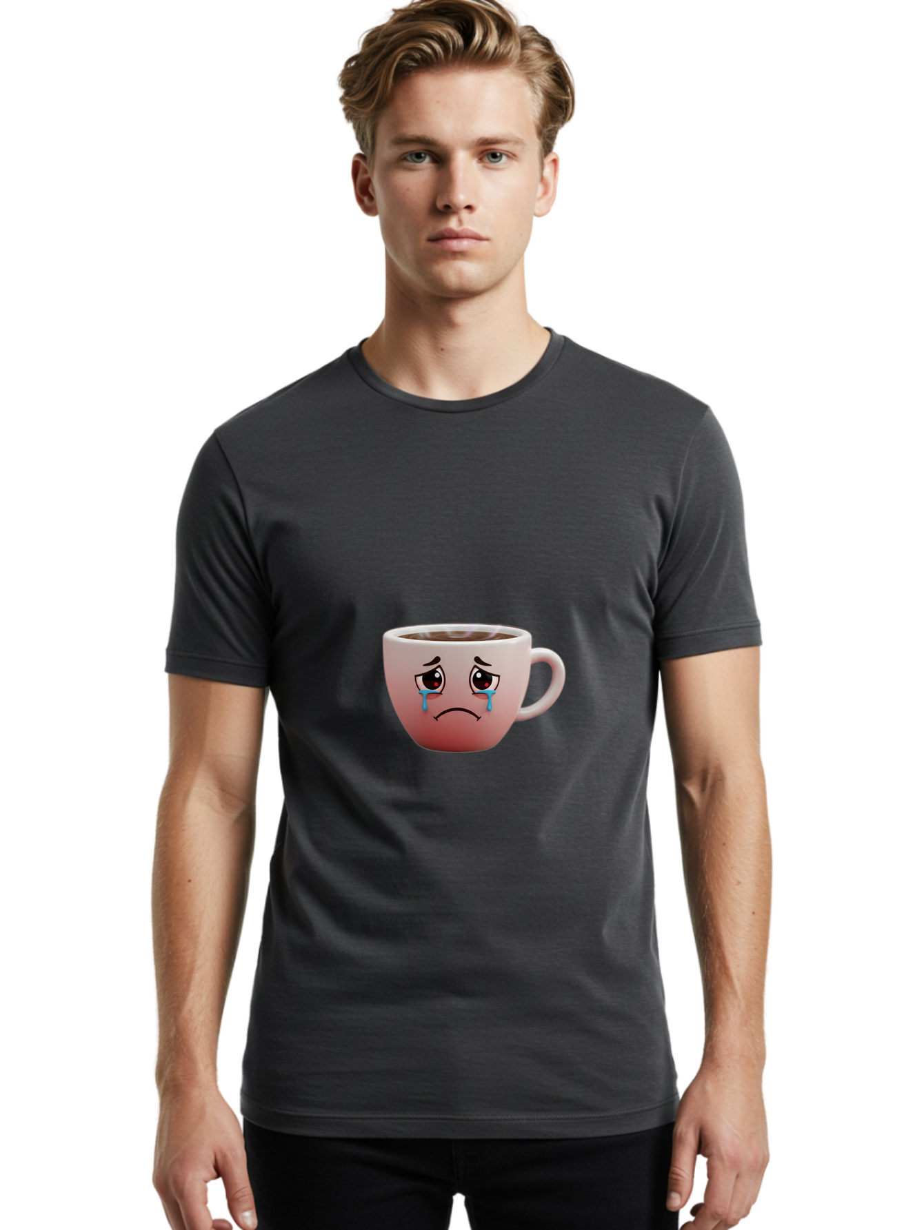 Crying-Coffee-Cup-1 Men'S Graphic Tee, 100% Cotton, Comfortable Casual Summer Wear, Machine Washable, Coffee Cup With Sad Face, Crying Eyes, Frowning Expression, Emotional Coffee, Coffee Lover Emotions, Sad Coffee Moment, Coffee Cup Feelings Bae421