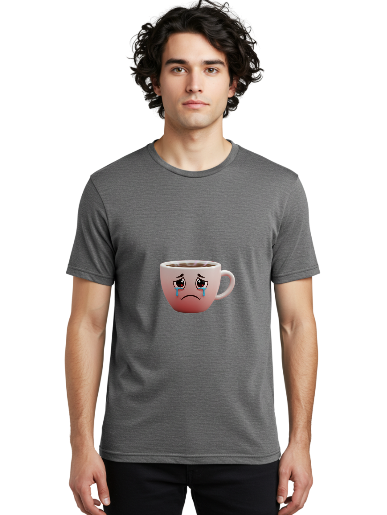 Crying-Coffee-Cup-1 Men'S Graphic Tee, 100% Cotton, Comfortable Casual Summer Wear, Machine Washable, Coffee Cup With Sad Face, Crying Eyes, Frowning Expression, Emotional Coffee, Coffee Lover Emotions, Sad Coffee Moment, Coffee Cup Feelings Bae421