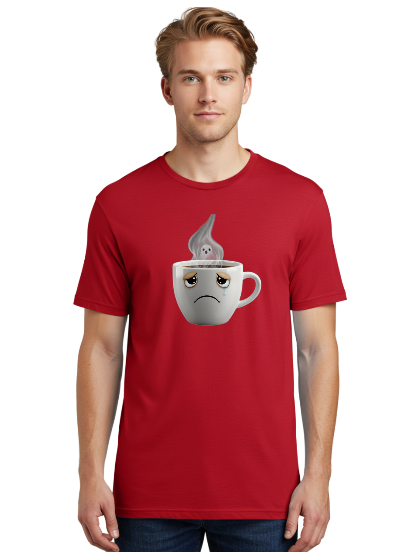 Crying-Coffee-Cup Men'S Graphic Tee, 100% Cotton, Comfortable Casual Summer Wear, Machine Washable, Sad Face Coffee Cup, Steaming Hot Coffee, Ghostly Steam, Coffee Lover, Coffee Culture, Coffee Time, Morning Coffee, Daily Grind Bae422