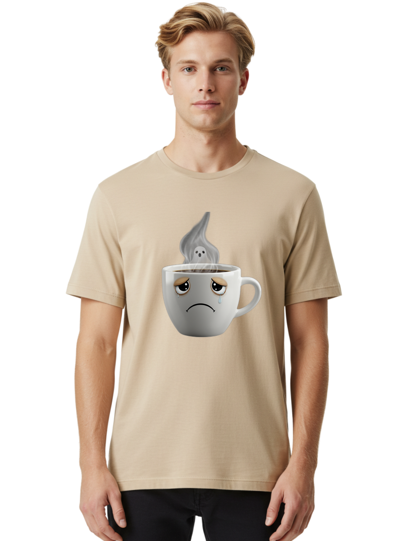 Crying-Coffee-Cup Men'S Graphic Tee, 100% Cotton, Comfortable Casual Summer Wear, Machine Washable, Sad Face Coffee Cup, Steaming Hot Coffee, Ghostly Steam, Coffee Lover, Coffee Culture, Coffee Time, Morning Coffee, Daily Grind Bae422