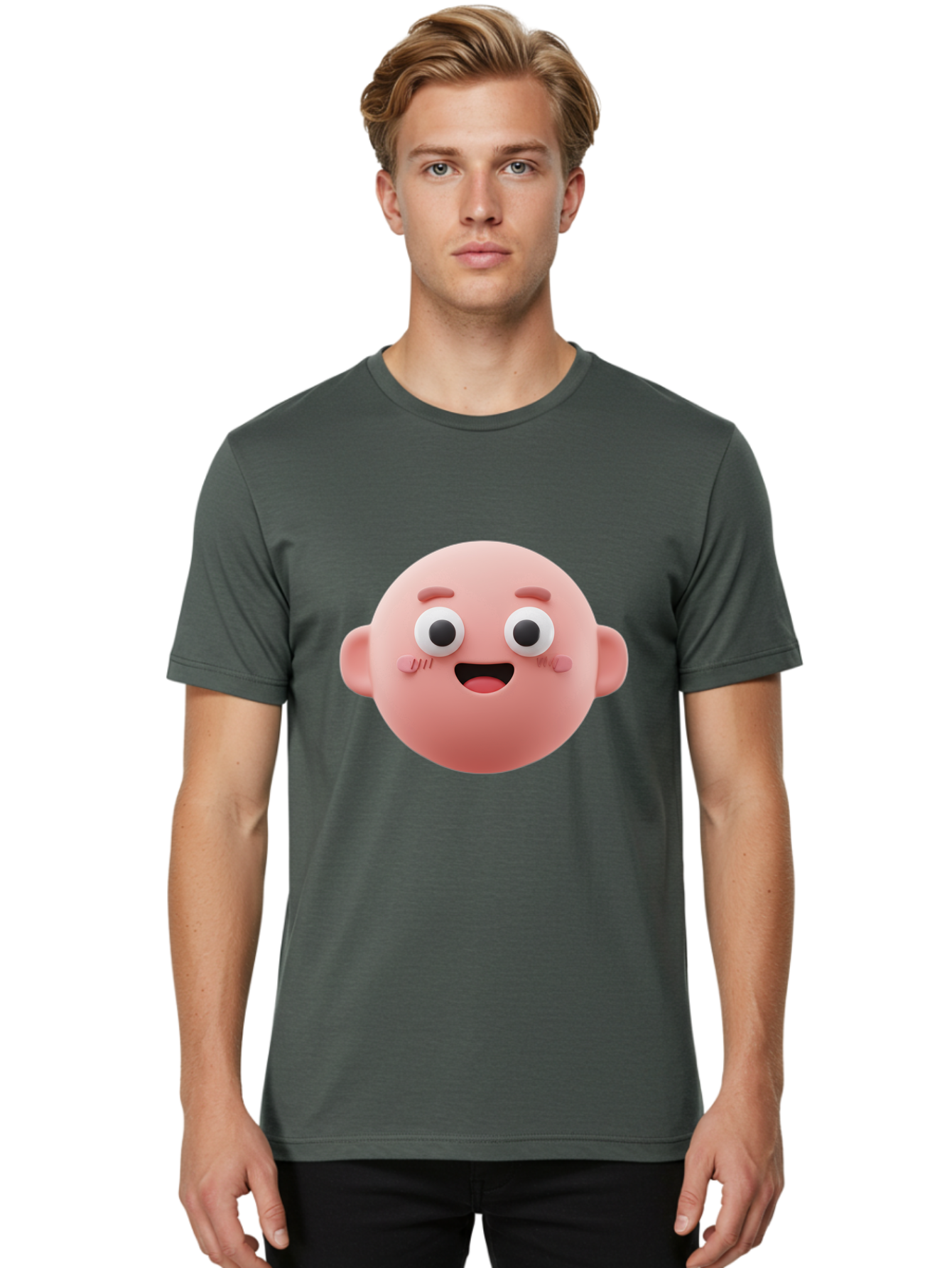 Cute-3D-Emoji-Face Men'S Graphic Tee, 100% Cotton, Comfortable Casual Summer Wear, Machine Washable, Smiling Face, Cartoon Character, Pink Hue, Cheerful Expression, Wide Eyes, Smiling Mouth, Rosy Cheeks, Cute Emoji, Playful Design, Funny Face Bae423