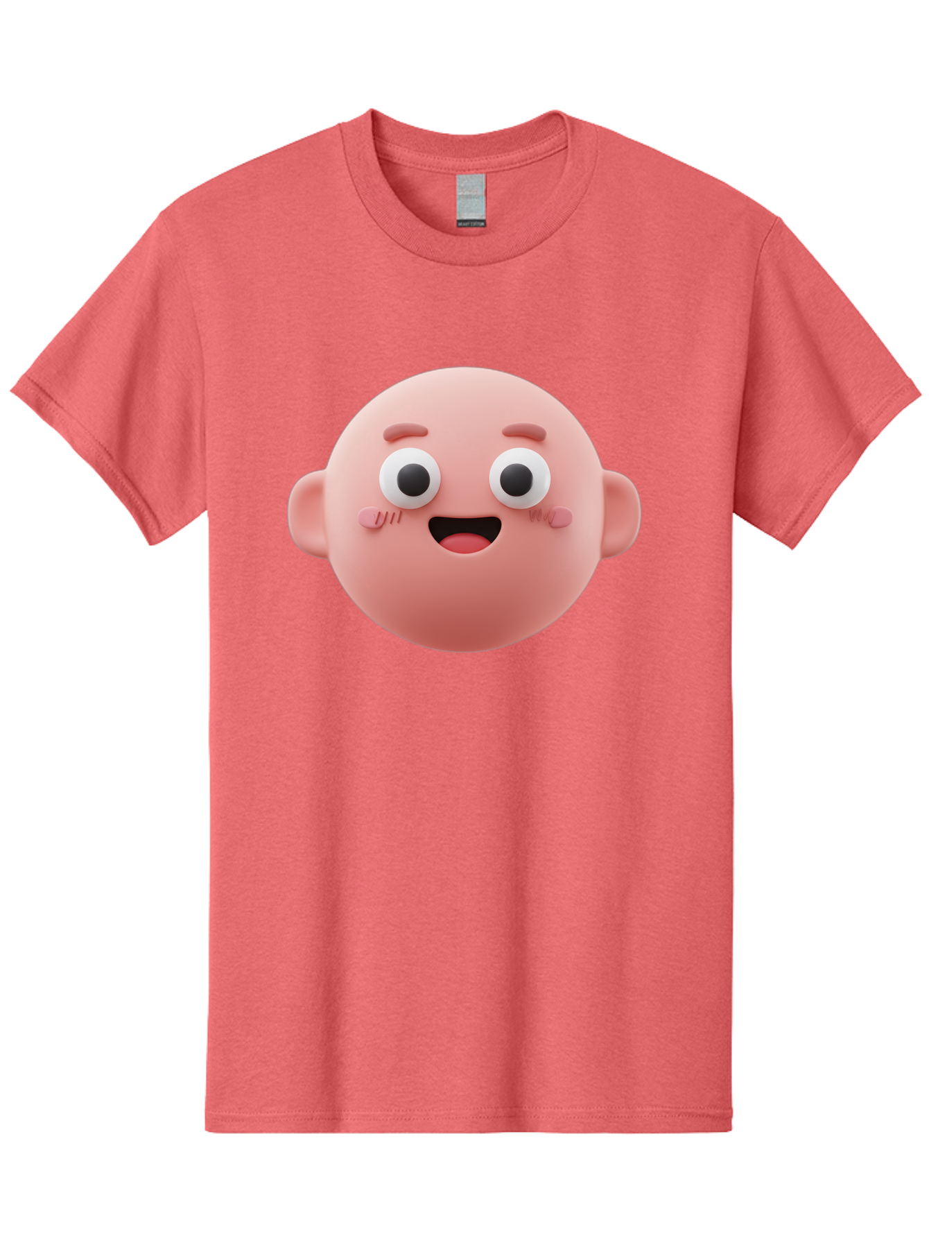Cute-3D-Emoji-Face Men'S Graphic Tee, 100% Cotton, Comfortable Casual Summer Wear, Machine Washable, Smiling Face, Cartoon Character, Pink Hue, Cheerful Expression, Wide Eyes, Smiling Mouth, Rosy Cheeks, Cute Emoji, Playful Design, Funny Face Bae423