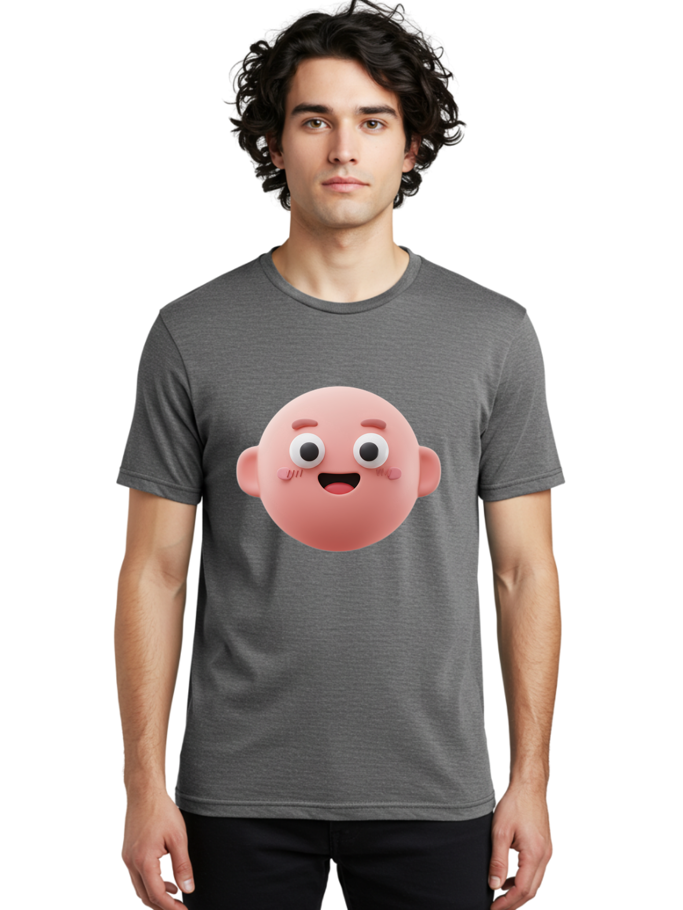 Cute-3D-Emoji-Face Men'S Graphic Tee, 100% Cotton, Comfortable Casual Summer Wear, Machine Washable, Smiling Face, Cartoon Character, Pink Hue, Cheerful Expression, Wide Eyes, Smiling Mouth, Rosy Cheeks, Cute Emoji, Playful Design, Funny Face Bae423