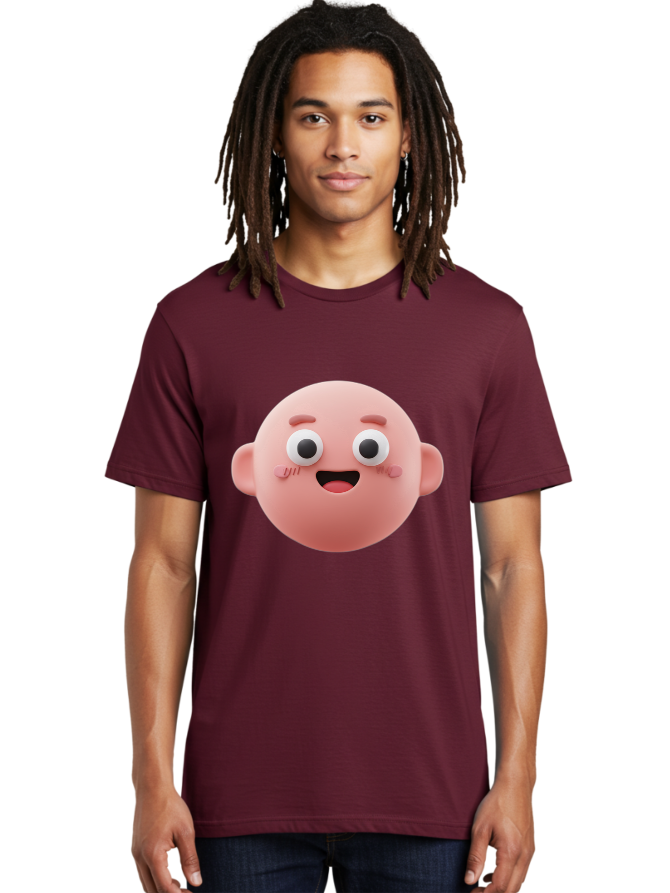 Cute-3D-Emoji-Face Men'S Graphic Tee, 100% Cotton, Comfortable Casual Summer Wear, Machine Washable, Smiling Face, Cartoon Character, Pink Hue, Cheerful Expression, Wide Eyes, Smiling Mouth, Rosy Cheeks, Cute Emoji, Playful Design, Funny Face Bae423