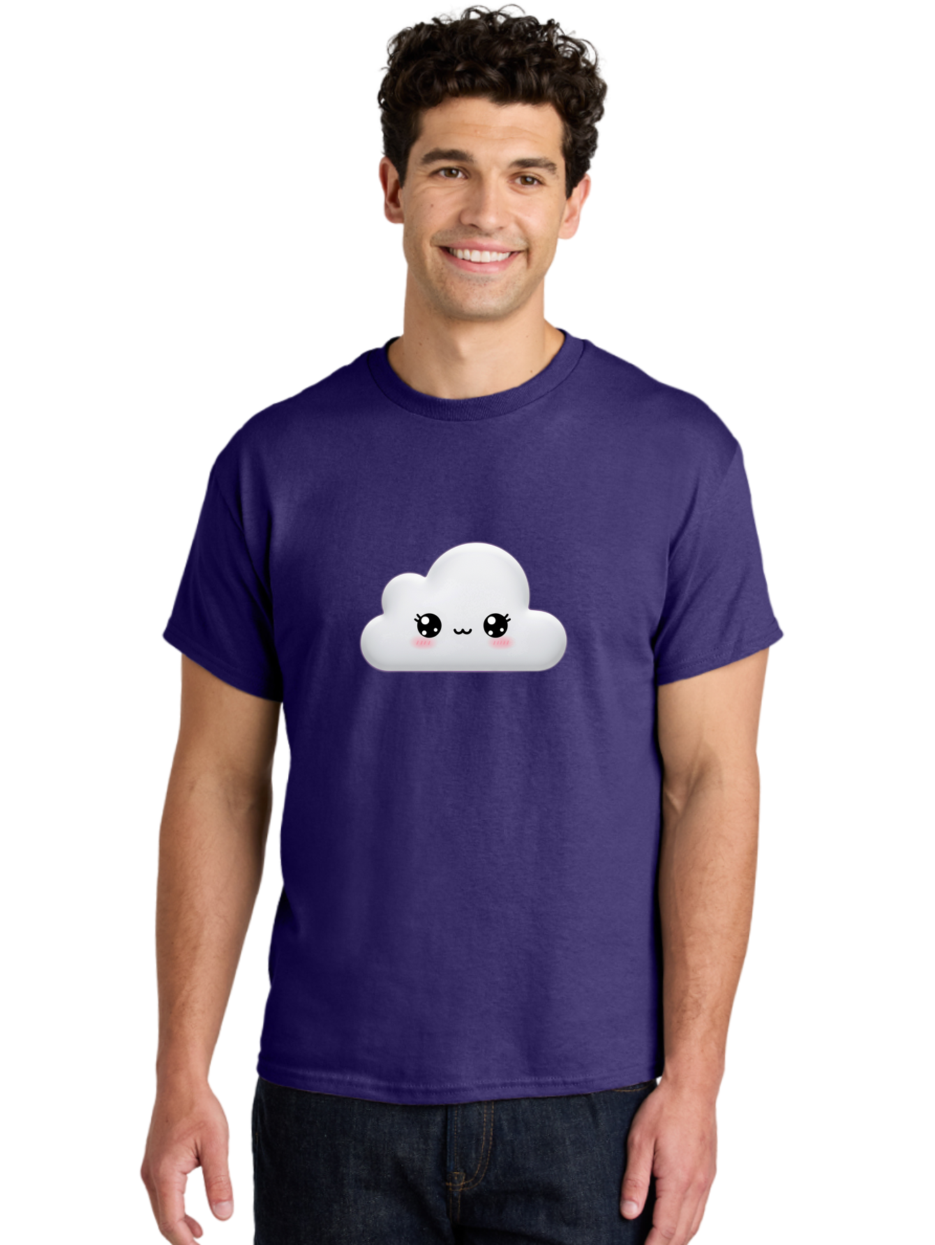 Cute-Cloud-1 Men'S Graphic Tee, 100% Cotton, Comfortable Casual Summer Wear, Machine Washable, Cartoon Cloud, Cute Character, Kawaii Illustration, Adorable Design, Fluffy Cloud, Smiling Face, Pink Cheeks, Eyelashes, Childlike Charm, Bae425