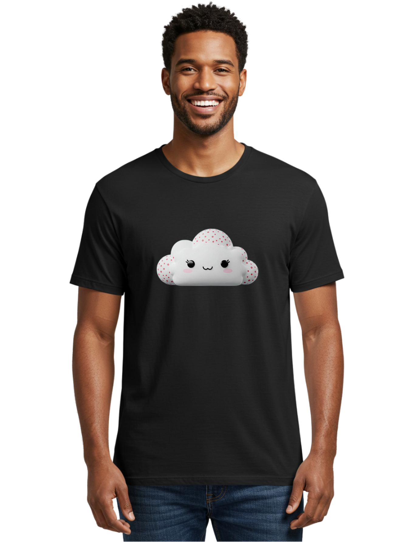 Cute-Cloud-3 Men'S Graphic Tee, 100% Cotton, Comfortable Casual Summer Wear, Machine Washable, Cute Cartoon Cloud, Fluffy White Cloud, Pink Polka Dots, Smiling Face, Black Eyes, Eyelashes, Rosy Cheeks, Kawaii Character, Digital Illustration, Bae427