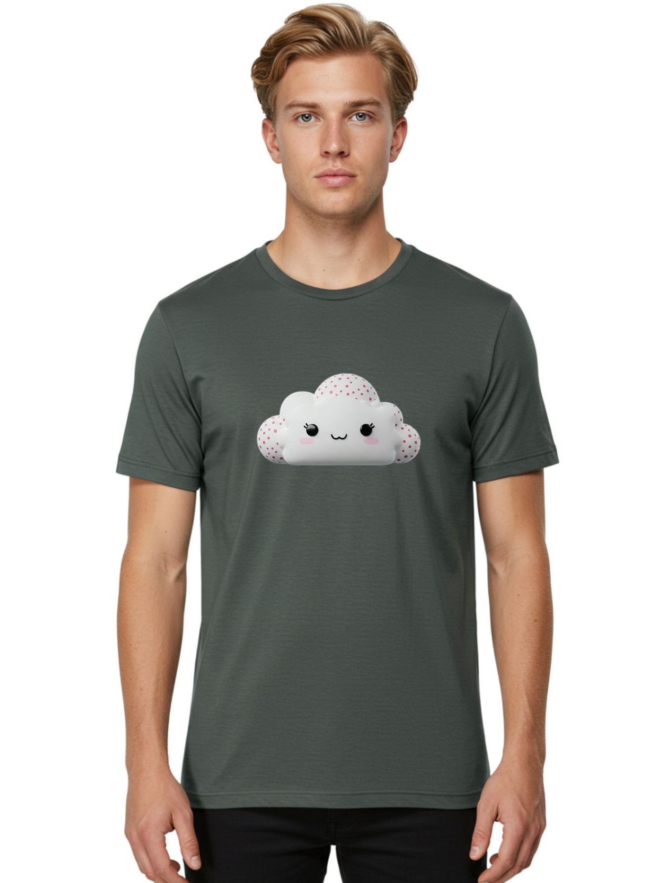 Cute-Cloud-3 Men'S Graphic Tee, 100% Cotton, Comfortable Casual Summer Wear, Machine Washable, Cute Cartoon Cloud, Fluffy White Cloud, Pink Polka Dots, Smiling Face, Black Eyes, Eyelashes, Rosy Cheeks, Kawaii Character, Digital Illustration, Bae427