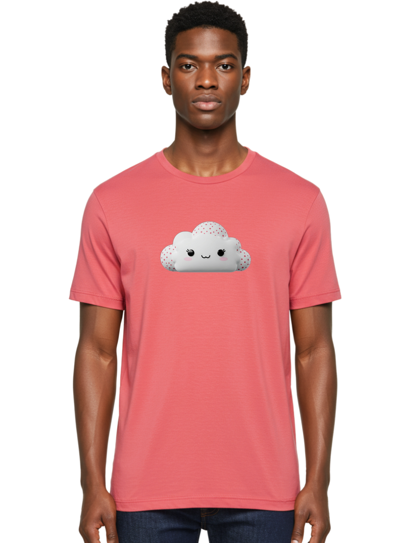 Cute-Cloud-3 Men'S Graphic Tee, 100% Cotton, Comfortable Casual Summer Wear, Machine Washable, Cute Cartoon Cloud, Fluffy White Cloud, Pink Polka Dots, Smiling Face, Black Eyes, Eyelashes, Rosy Cheeks, Kawaii Character, Digital Illustration, Bae427