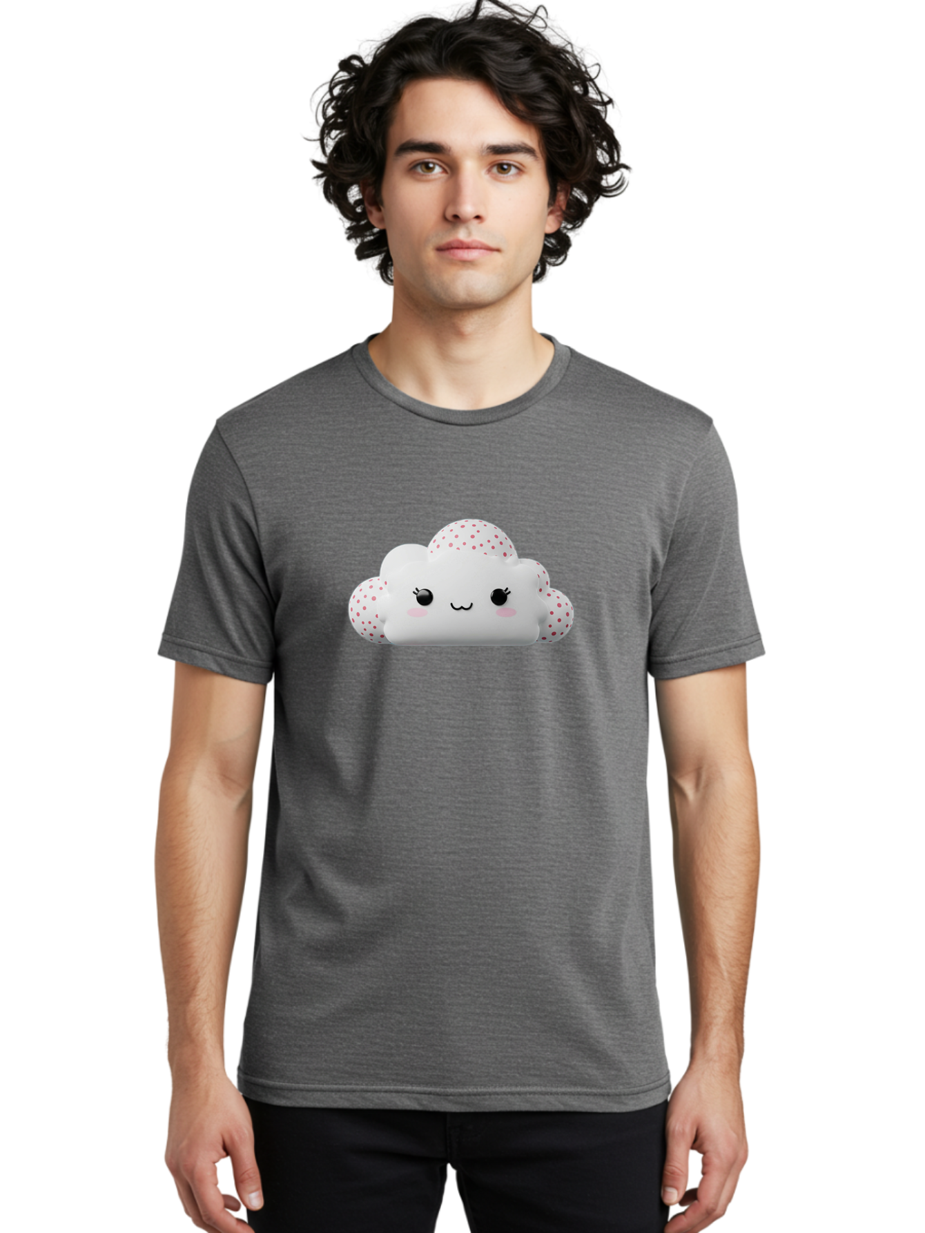 Cute-Cloud-3 Men'S Graphic Tee, 100% Cotton, Comfortable Casual Summer Wear, Machine Washable, Cute Cartoon Cloud, Fluffy White Cloud, Pink Polka Dots, Smiling Face, Black Eyes, Eyelashes, Rosy Cheeks, Kawaii Character, Digital Illustration, Bae427