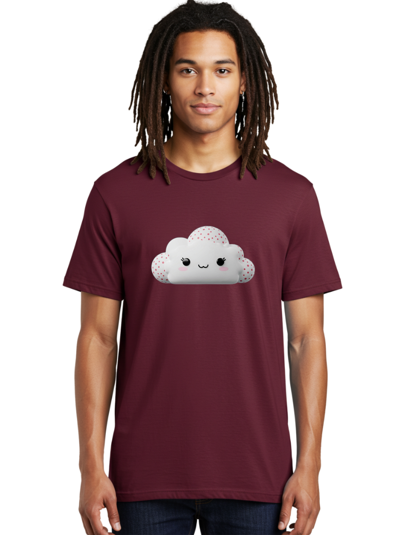 Cute-Cloud-3 Men'S Graphic Tee, 100% Cotton, Comfortable Casual Summer Wear, Machine Washable, Cute Cartoon Cloud, Fluffy White Cloud, Pink Polka Dots, Smiling Face, Black Eyes, Eyelashes, Rosy Cheeks, Kawaii Character, Digital Illustration, Bae427