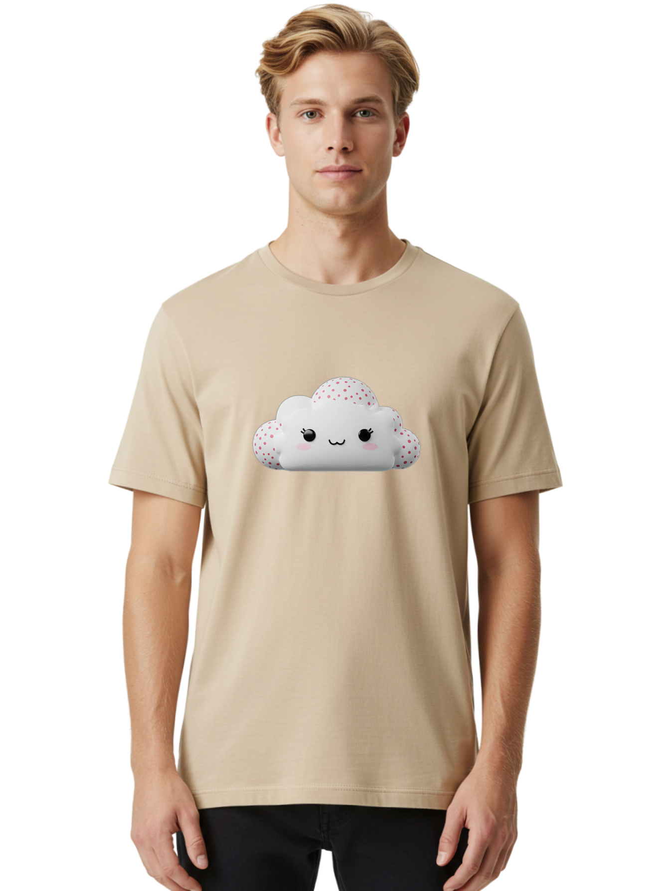 Cute-Cloud-3 Men'S Graphic Tee, 100% Cotton, Comfortable Casual Summer Wear, Machine Washable, Cute Cartoon Cloud, Fluffy White Cloud, Pink Polka Dots, Smiling Face, Black Eyes, Eyelashes, Rosy Cheeks, Kawaii Character, Digital Illustration, Bae427