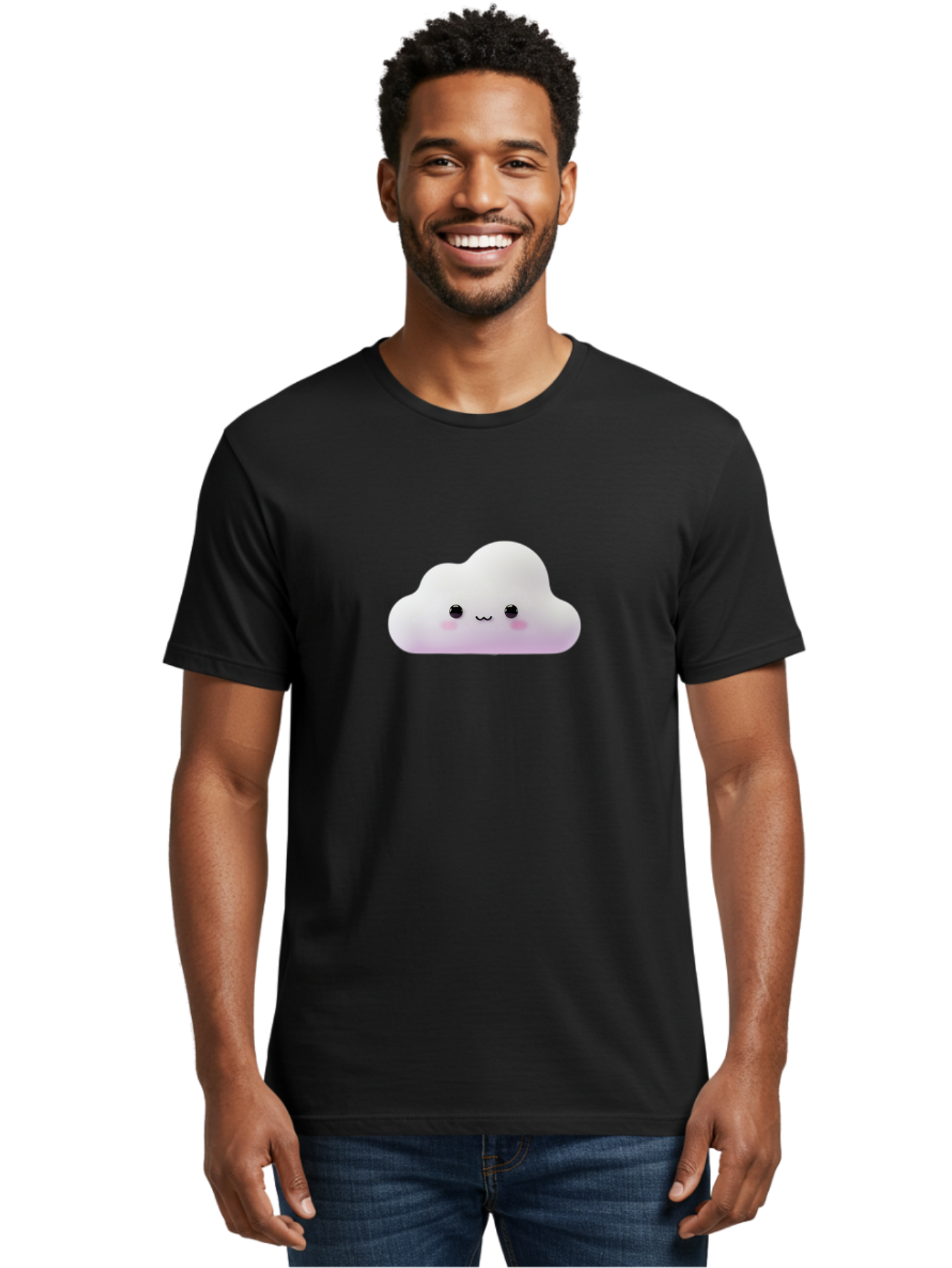 Cute-Cloud Men'S Graphic Tee, 100% Cotton, Comfortable Casual Summer Wear, Machine Washable, Cute Cloud, Smiling Face, Fluffy Cloud, Kawaii Character, Cartoon Cloud, Happy Expression, Soft Pink Cheeks, Black Eyes Bae429