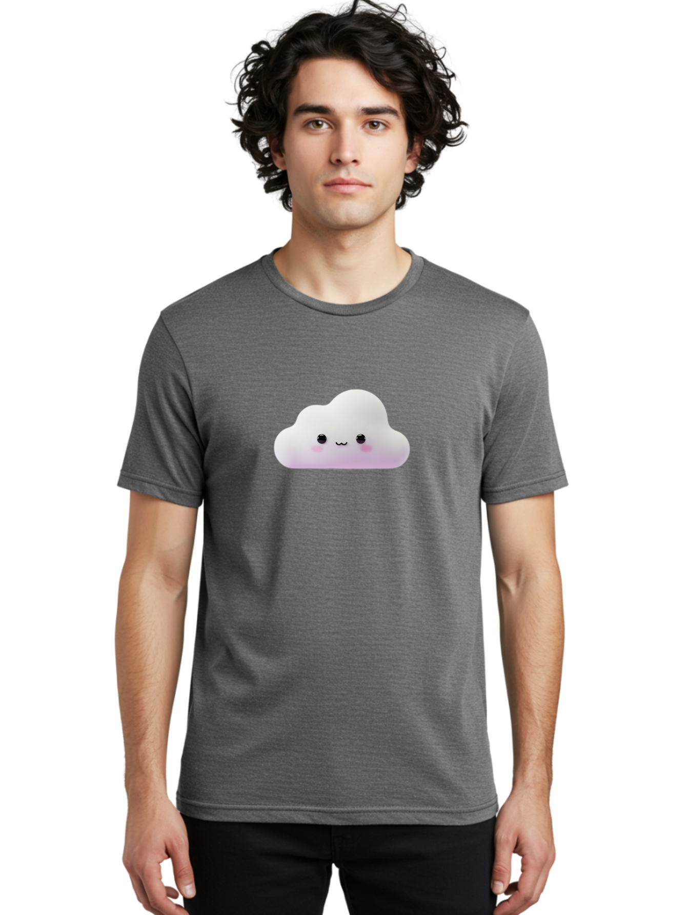 Cute-Cloud Men'S Graphic Tee, 100% Cotton, Comfortable Casual Summer Wear, Machine Washable, Cute Cloud, Smiling Face, Fluffy Cloud, Kawaii Character, Cartoon Cloud, Happy Expression, Soft Pink Cheeks, Black Eyes Bae429