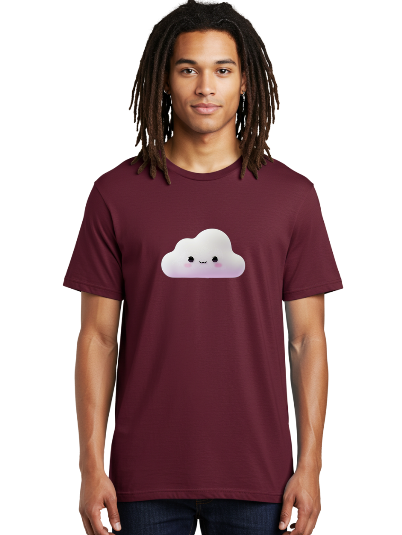 Cute-Cloud Men'S Graphic Tee, 100% Cotton, Comfortable Casual Summer Wear, Machine Washable, Cute Cloud, Smiling Face, Fluffy Cloud, Kawaii Character, Cartoon Cloud, Happy Expression, Soft Pink Cheeks, Black Eyes Bae429