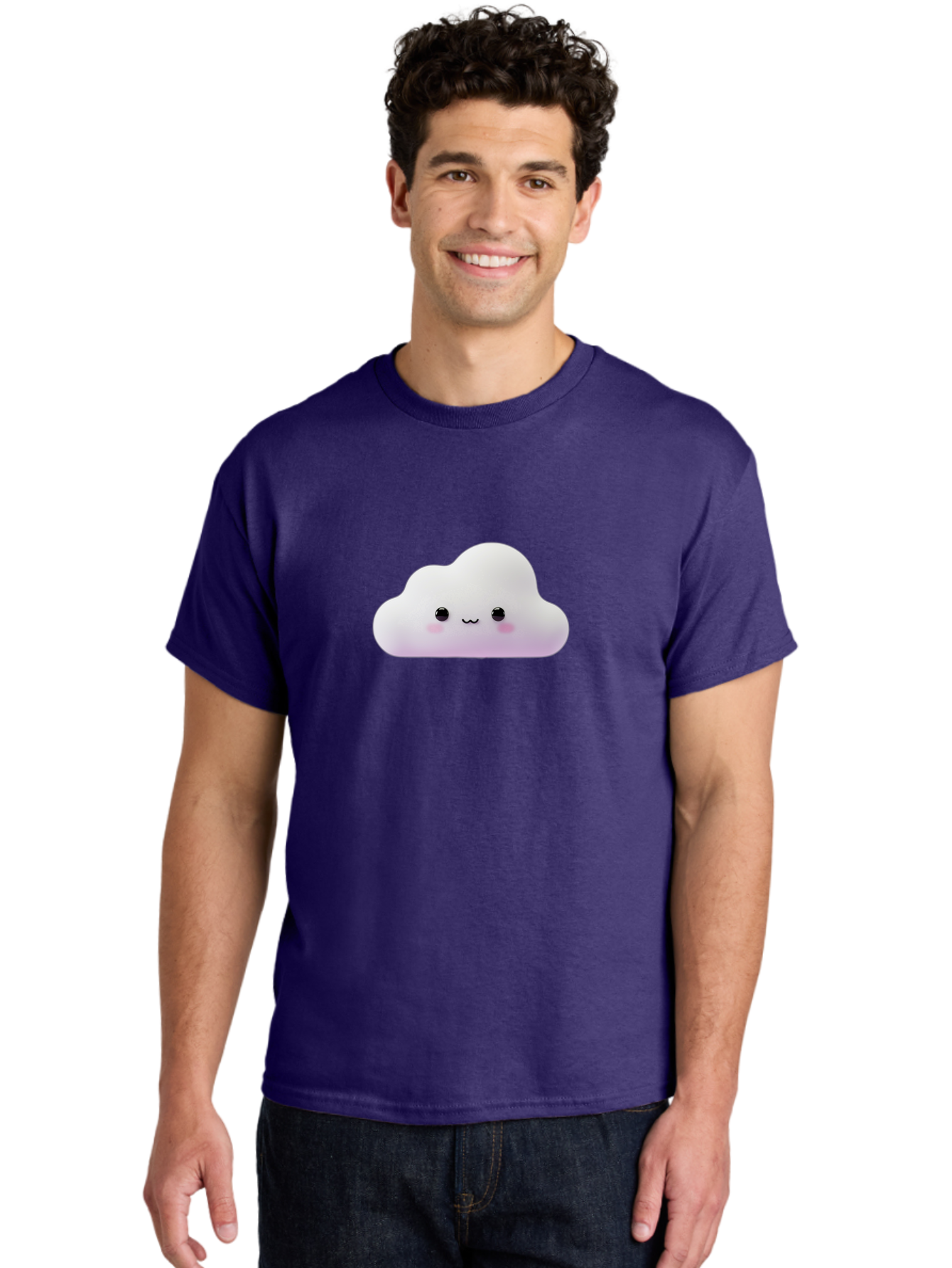 Cute-Cloud Men'S Graphic Tee, 100% Cotton, Comfortable Casual Summer Wear, Machine Washable, Cute Cloud, Smiling Face, Fluffy Cloud, Kawaii Character, Cartoon Cloud, Happy Expression, Soft Pink Cheeks, Black Eyes Bae429