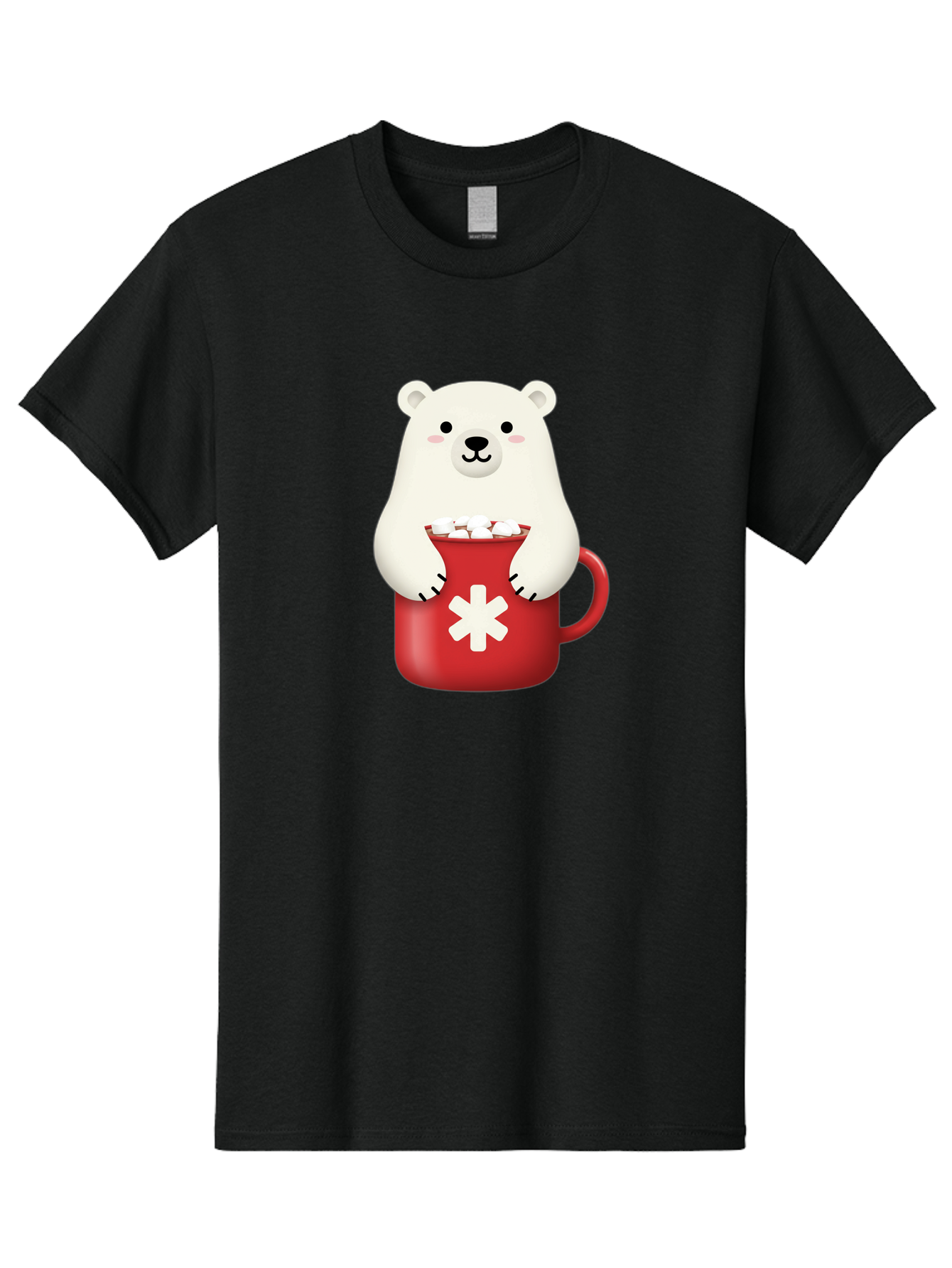Cute-Panda-In-Cup Men'S Graphic Tee, 100% Cotton, Comfortable Casual Summer Wear, Machine Washable, White Polar Bear, Holding Red Mug, Marshmallows, Cute Cartoon Character, Winter Drink, Hot Chocolate, Medical Symbol Bae430