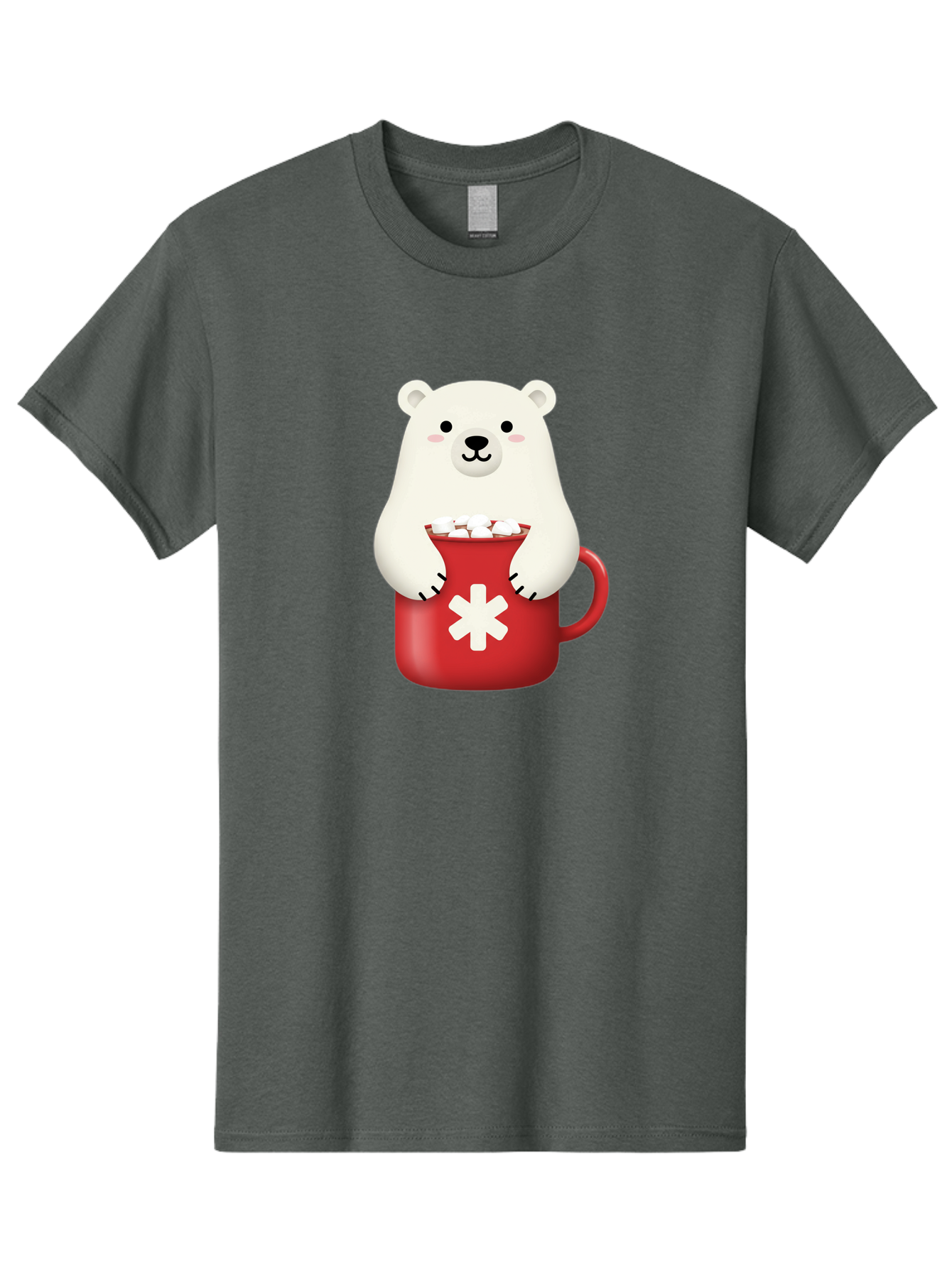 Cute-Panda-In-Cup Men'S Graphic Tee, 100% Cotton, Comfortable Casual Summer Wear, Machine Washable, White Polar Bear, Holding Red Mug, Marshmallows, Cute Cartoon Character, Winter Drink, Hot Chocolate, Medical Symbol Bae430