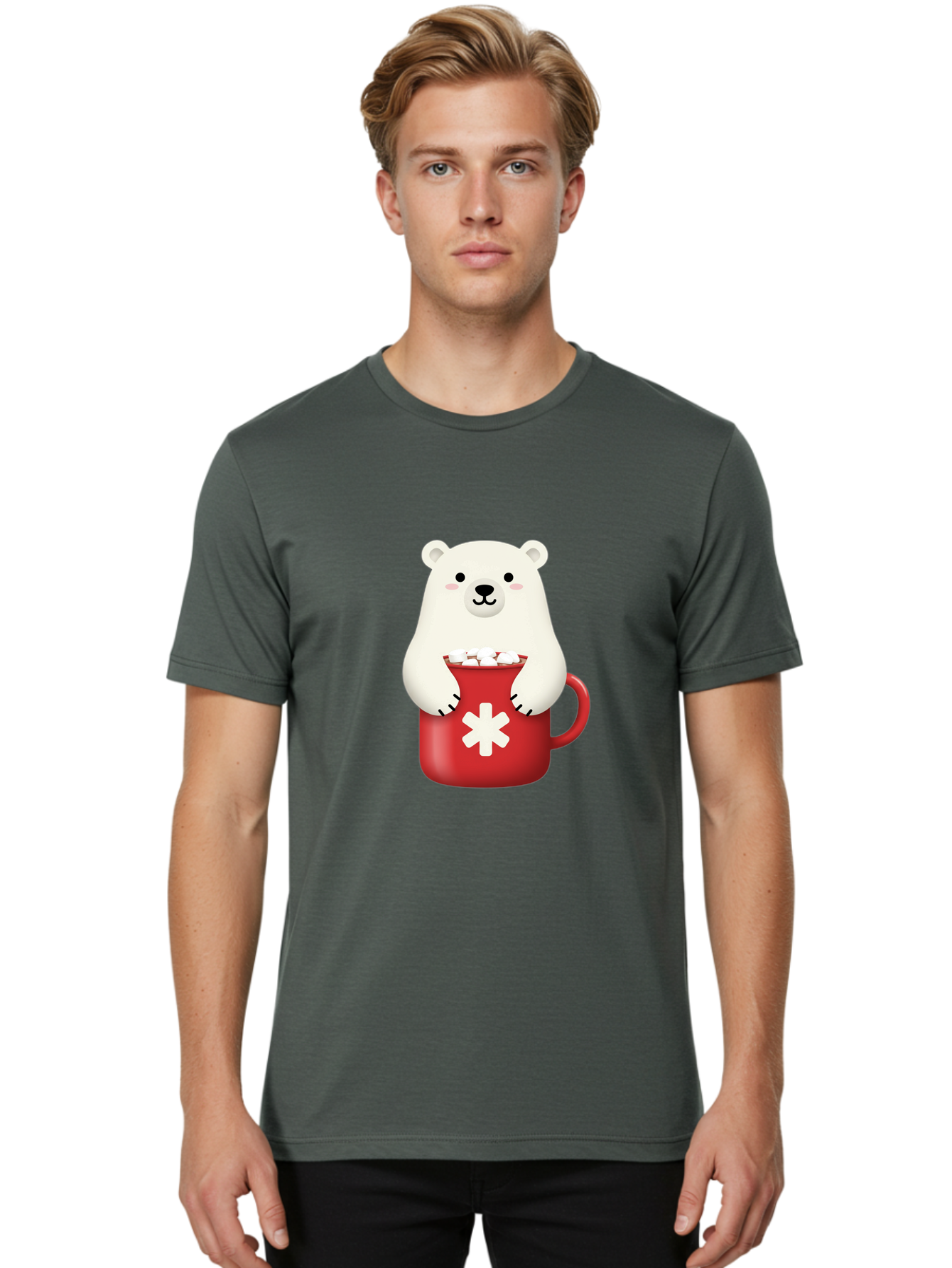 Cute-Panda-In-Cup Men'S Graphic Tee, 100% Cotton, Comfortable Casual Summer Wear, Machine Washable, White Polar Bear, Holding Red Mug, Marshmallows, Cute Cartoon Character, Winter Drink, Hot Chocolate, Medical Symbol Bae430
