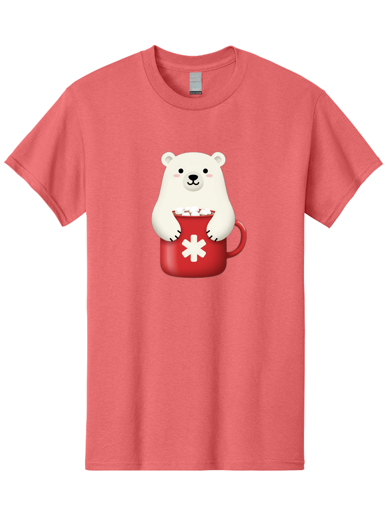 Cute-Panda-In-Cup Men'S Graphic Tee, 100% Cotton, Comfortable Casual Summer Wear, Machine Washable, White Polar Bear, Holding Red Mug, Marshmallows, Cute Cartoon Character, Winter Drink, Hot Chocolate, Medical Symbol Bae430