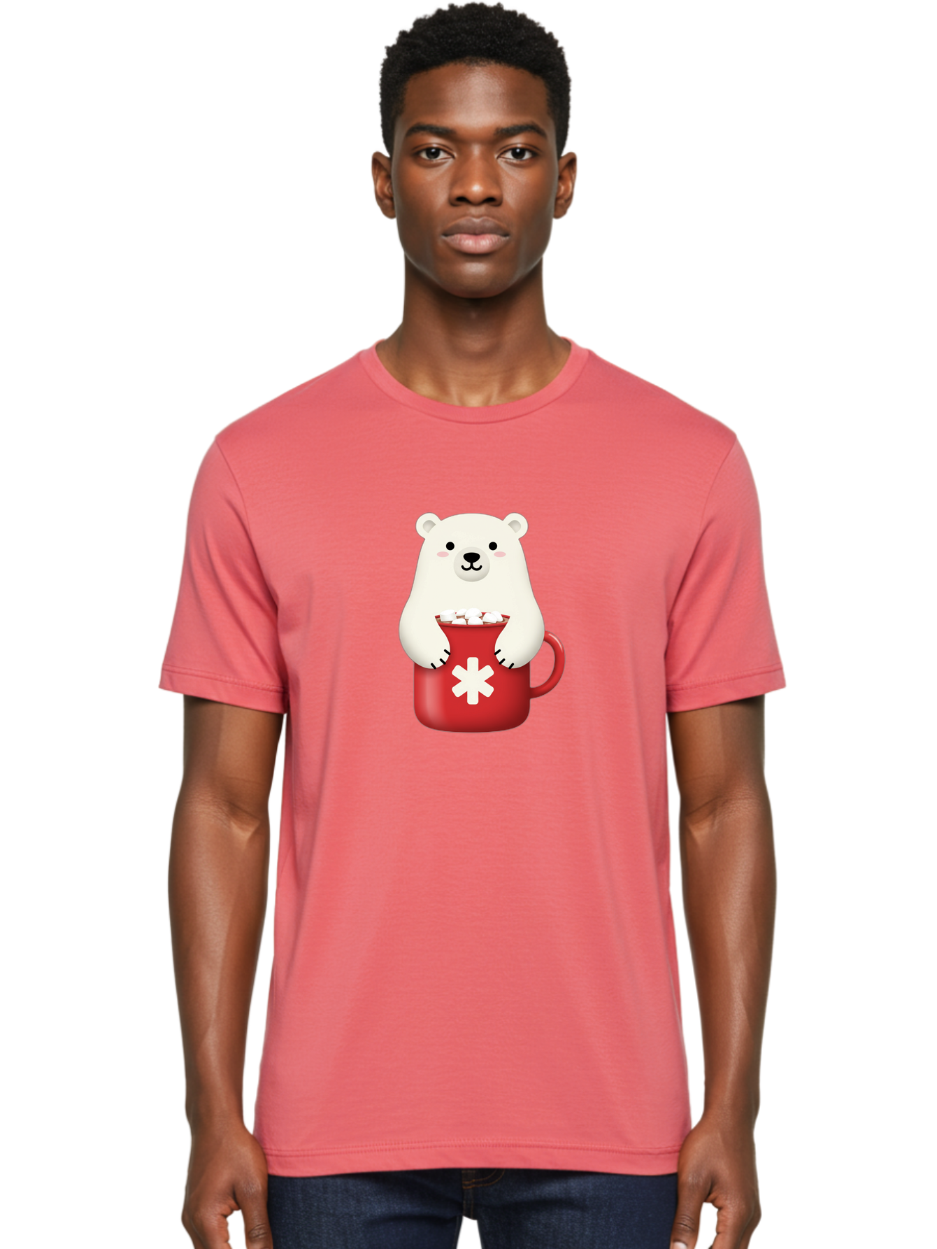 Cute-Panda-In-Cup Men'S Graphic Tee, 100% Cotton, Comfortable Casual Summer Wear, Machine Washable, White Polar Bear, Holding Red Mug, Marshmallows, Cute Cartoon Character, Winter Drink, Hot Chocolate, Medical Symbol Bae430