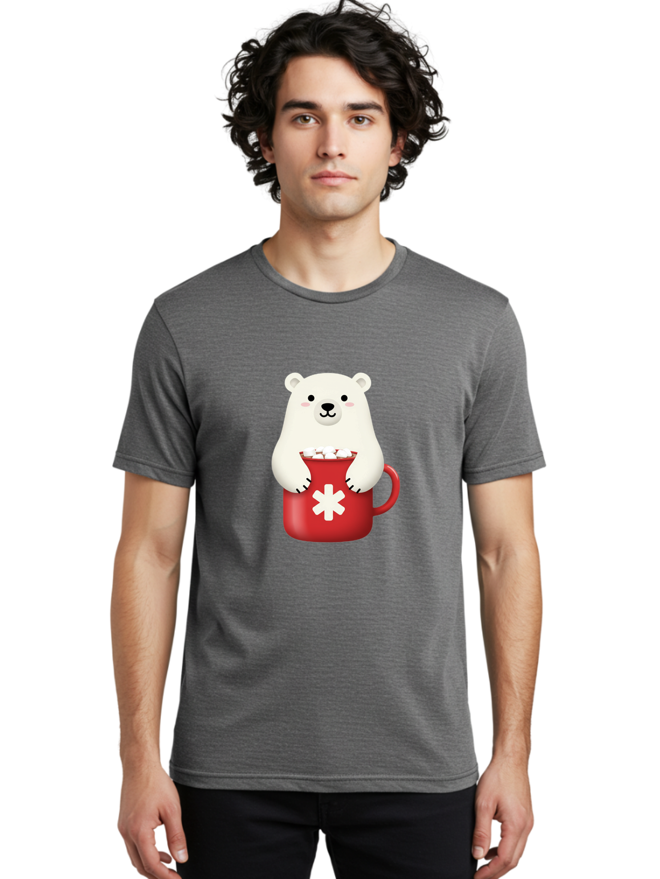 Cute-Panda-In-Cup Men'S Graphic Tee, 100% Cotton, Comfortable Casual Summer Wear, Machine Washable, White Polar Bear, Holding Red Mug, Marshmallows, Cute Cartoon Character, Winter Drink, Hot Chocolate, Medical Symbol Bae430