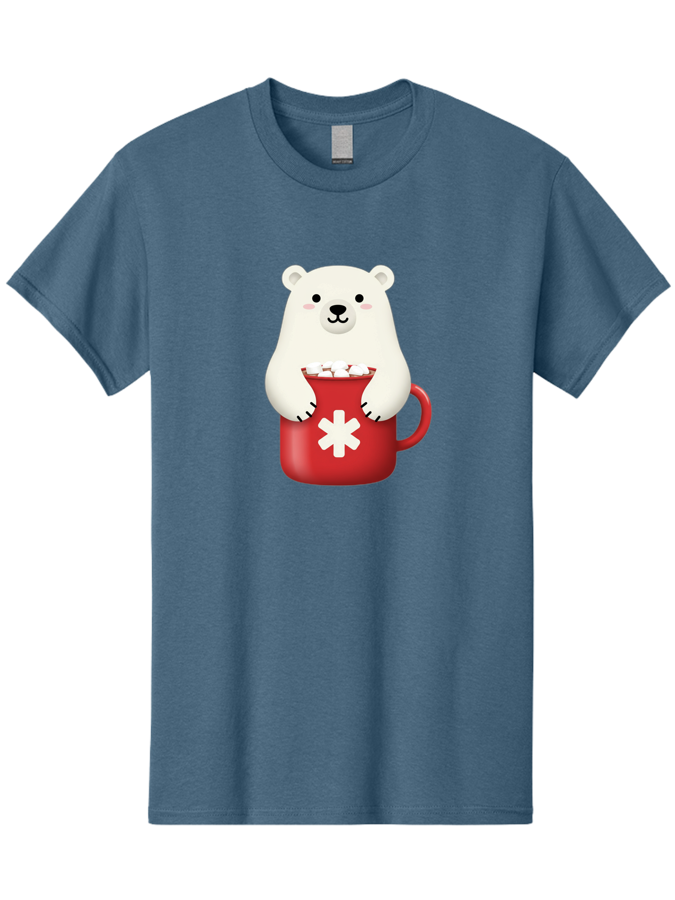 Cute-Panda-In-Cup Men'S Graphic Tee, 100% Cotton, Comfortable Casual Summer Wear, Machine Washable, White Polar Bear, Holding Red Mug, Marshmallows, Cute Cartoon Character, Winter Drink, Hot Chocolate, Medical Symbol Bae430